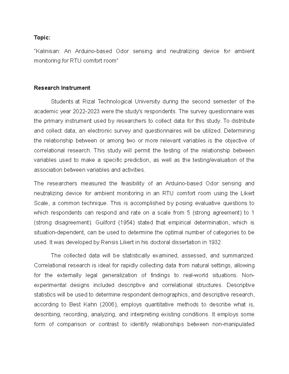 Research-Instrument - Research Instrument - Topic: “Kalinisan: An ...