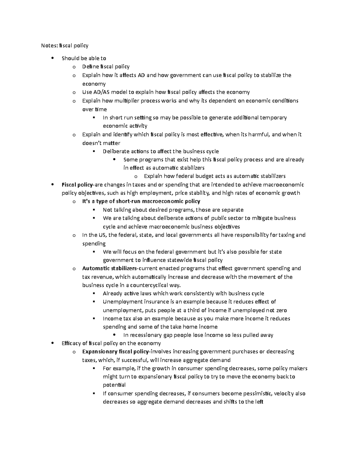 Chapter 18 - Carl Sanders - Notes: fiscal policy Should be able to o ...