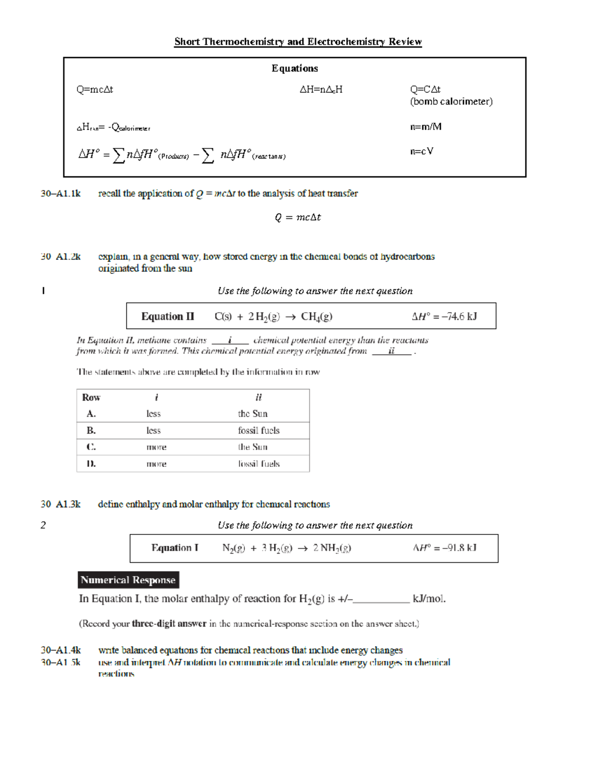 Short Thermochemistry and Electrochemistry Diploma Review updated 2023 Short Thermochemistry