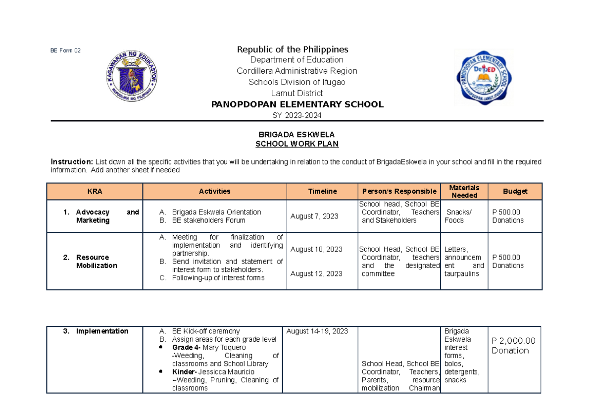 BE Form 02 school brigada workplan Panop(Auto Recovered) - BE Form 02 ...