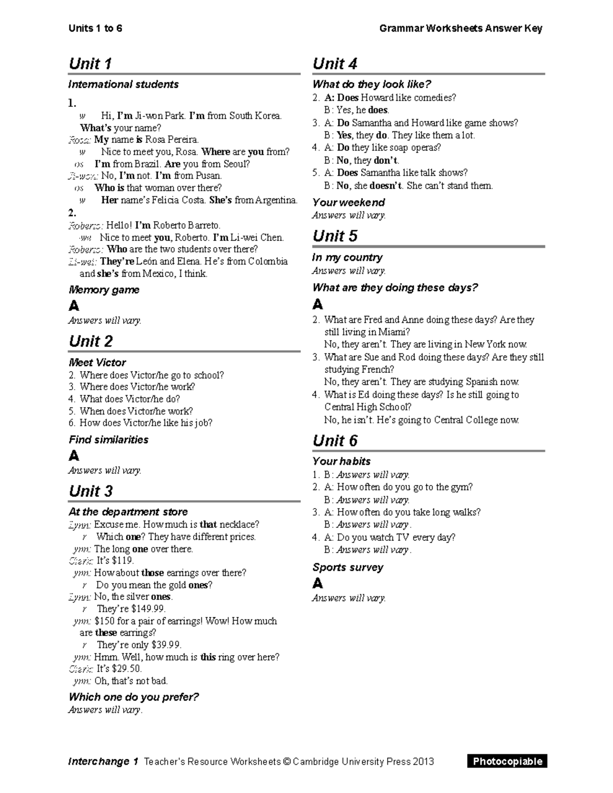 Interchange 4th Ed Level 1 Grammar Worksheets Answer Key Units 1 To 6