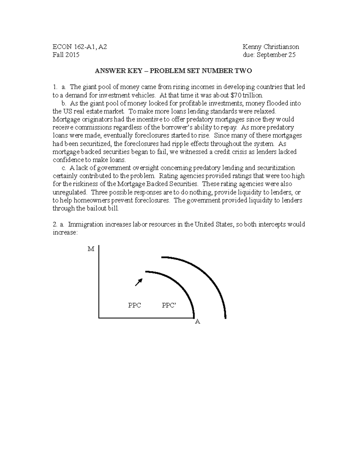 Problem Set 2 Answers - ECON 162-A1, A2 Kenny Christianson Fall 2015 ...