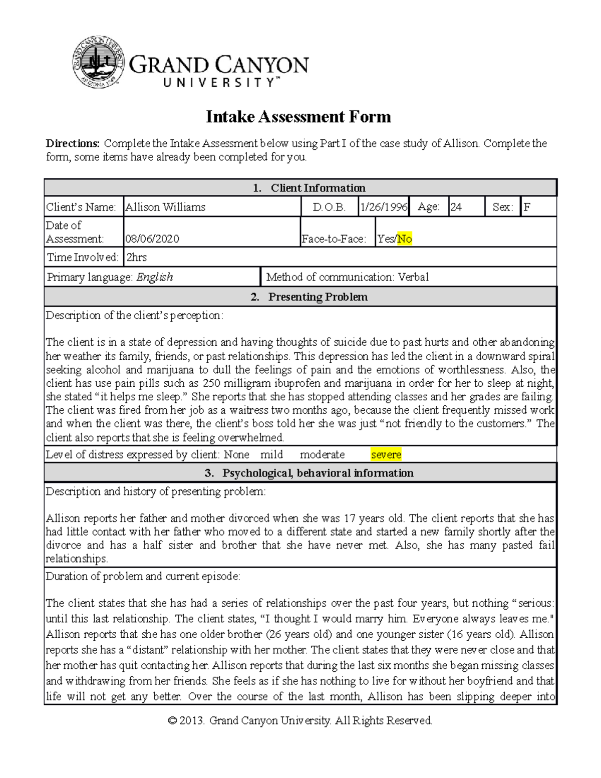 Intake Assessment Form Intake Assessment Form Directions Complete 