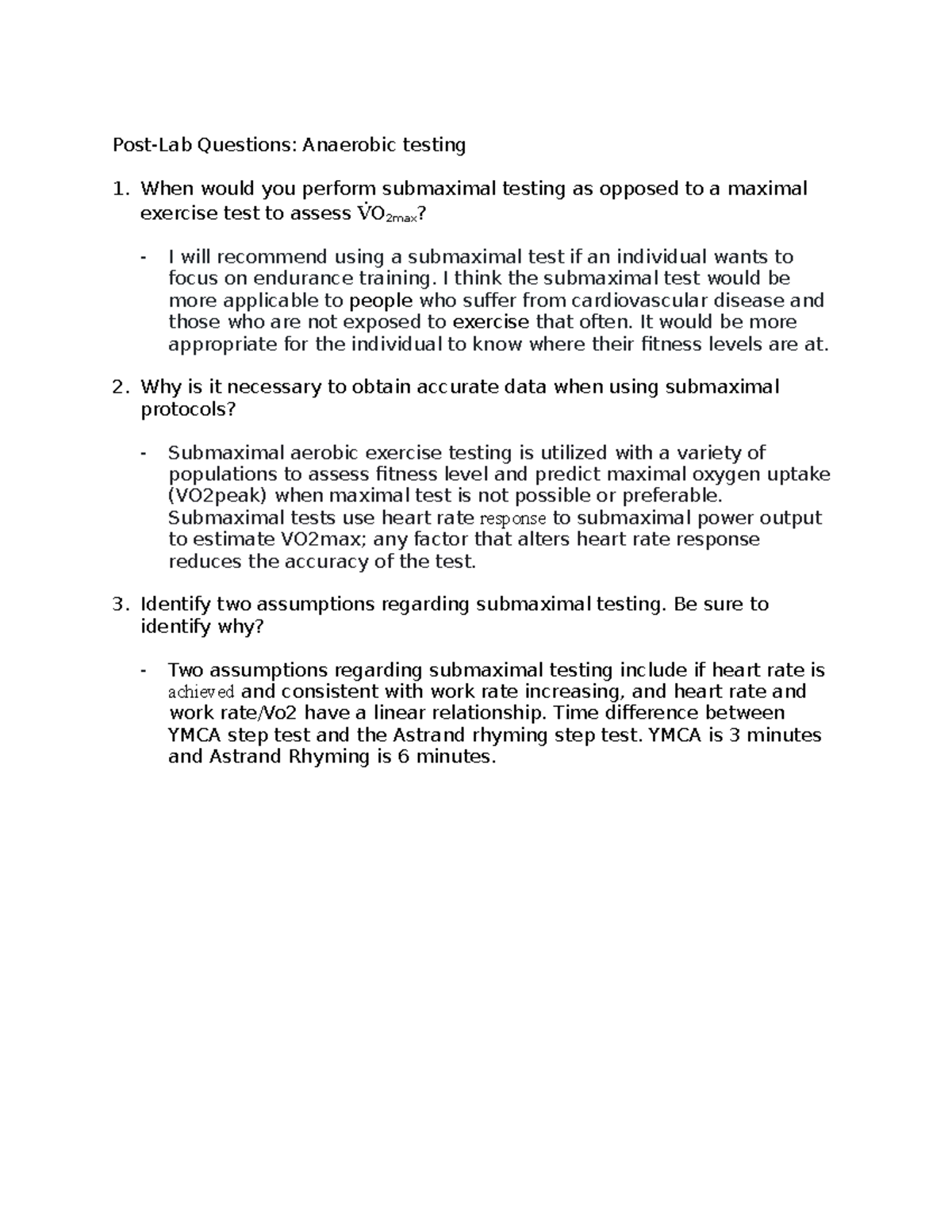 Post QUestions 39 ANSWERS PostLab Questions Anaerobic testing