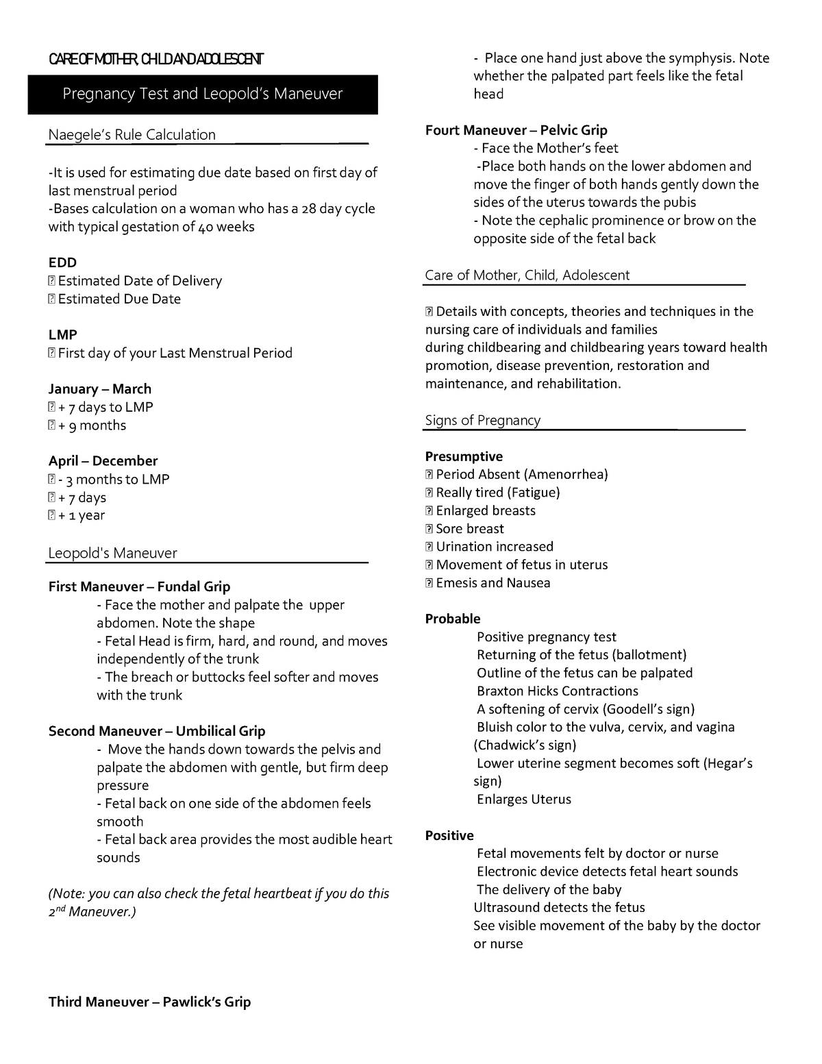 Maternal Skill Reviewer Prelims - CARE OF MOTHER, CHILD AND ADOLESCENT ...