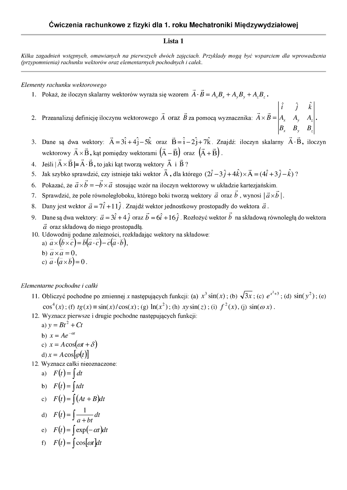 Lista 1 2021 - Ćwiczenia Rachunkowe Z Fizyki Dla 1. Roku Mechatroniki ...