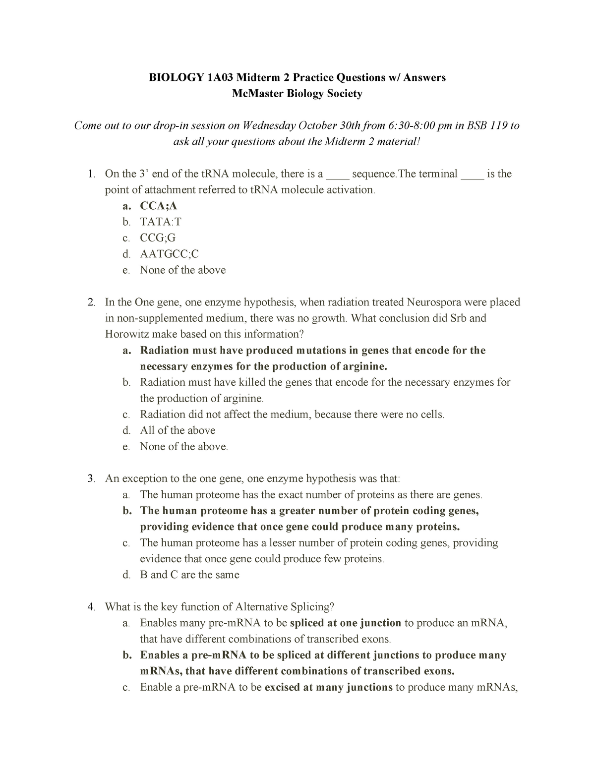 Midterm 2 2019, answers BIOLOGY 1A03 Midterm 2 Practice Questions w
