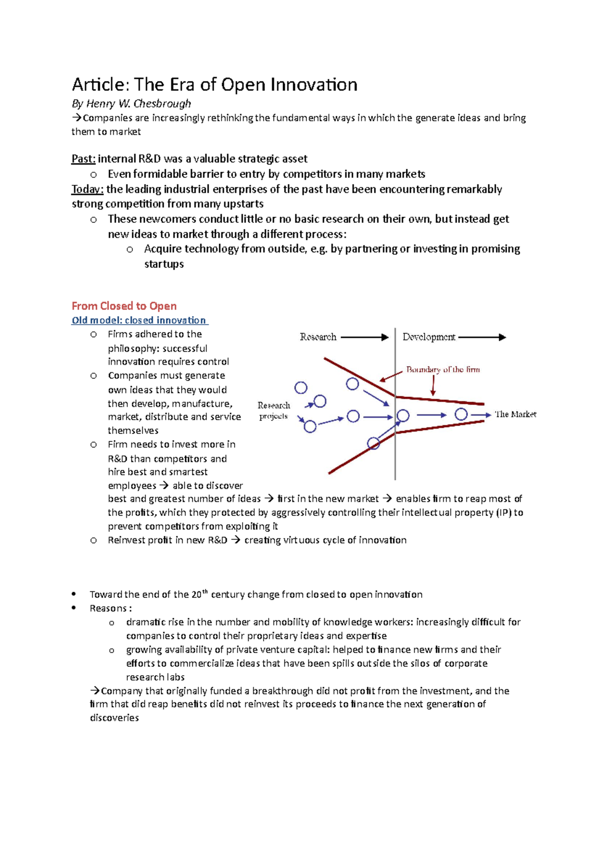 Summary The Era of open innovation Article The Era of Open