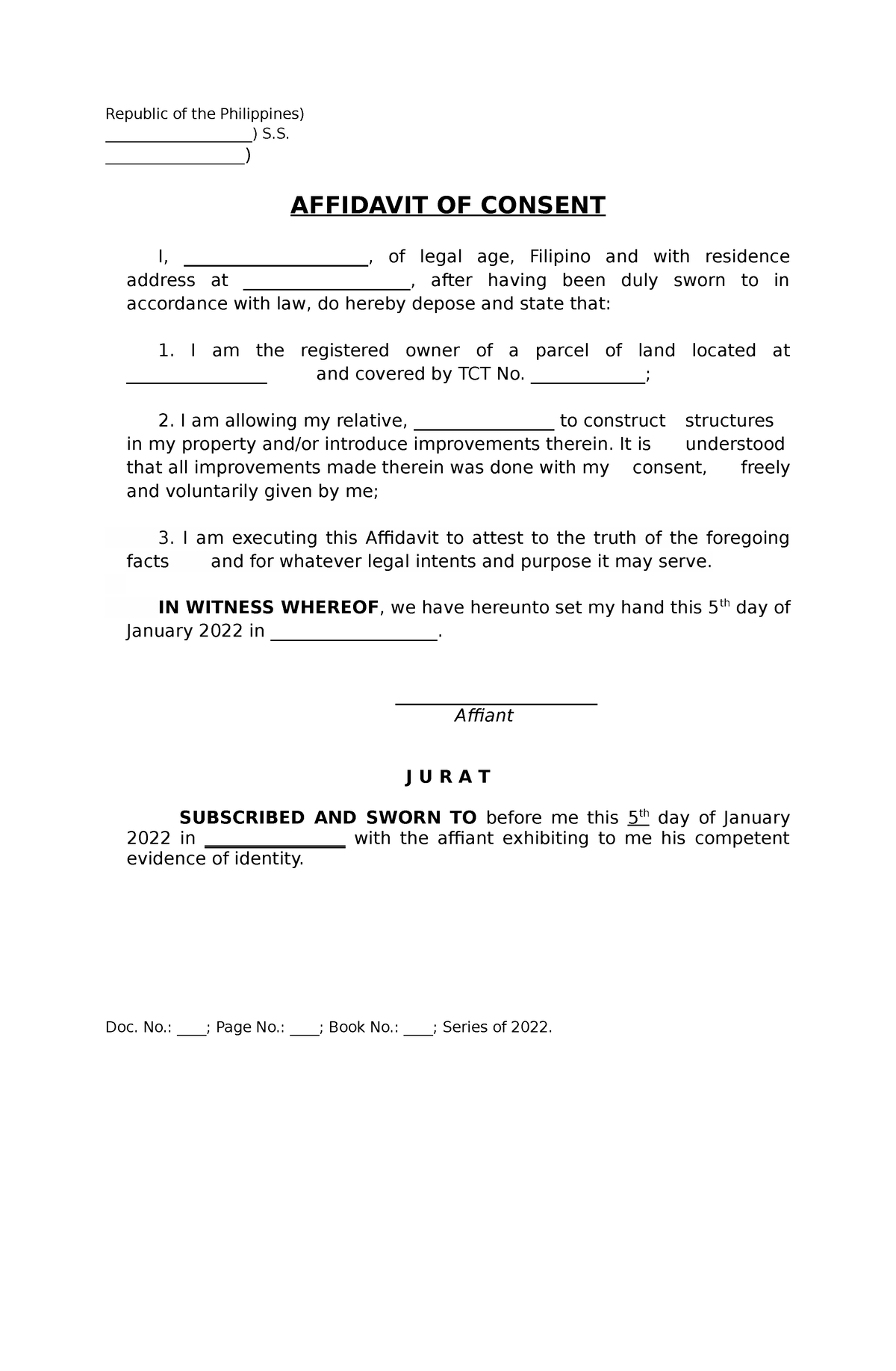 Affidavit of Consent Introduce Improvements - Republic of the ...