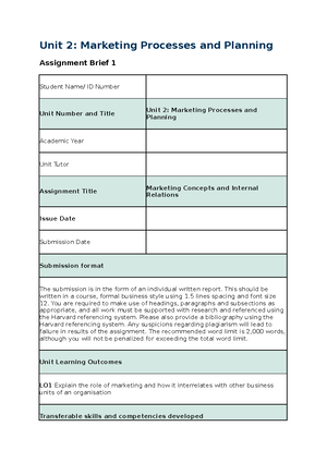 Unit 2 - Assignment Brief 2 - Unit 2: Marketing Processes And Planning ...