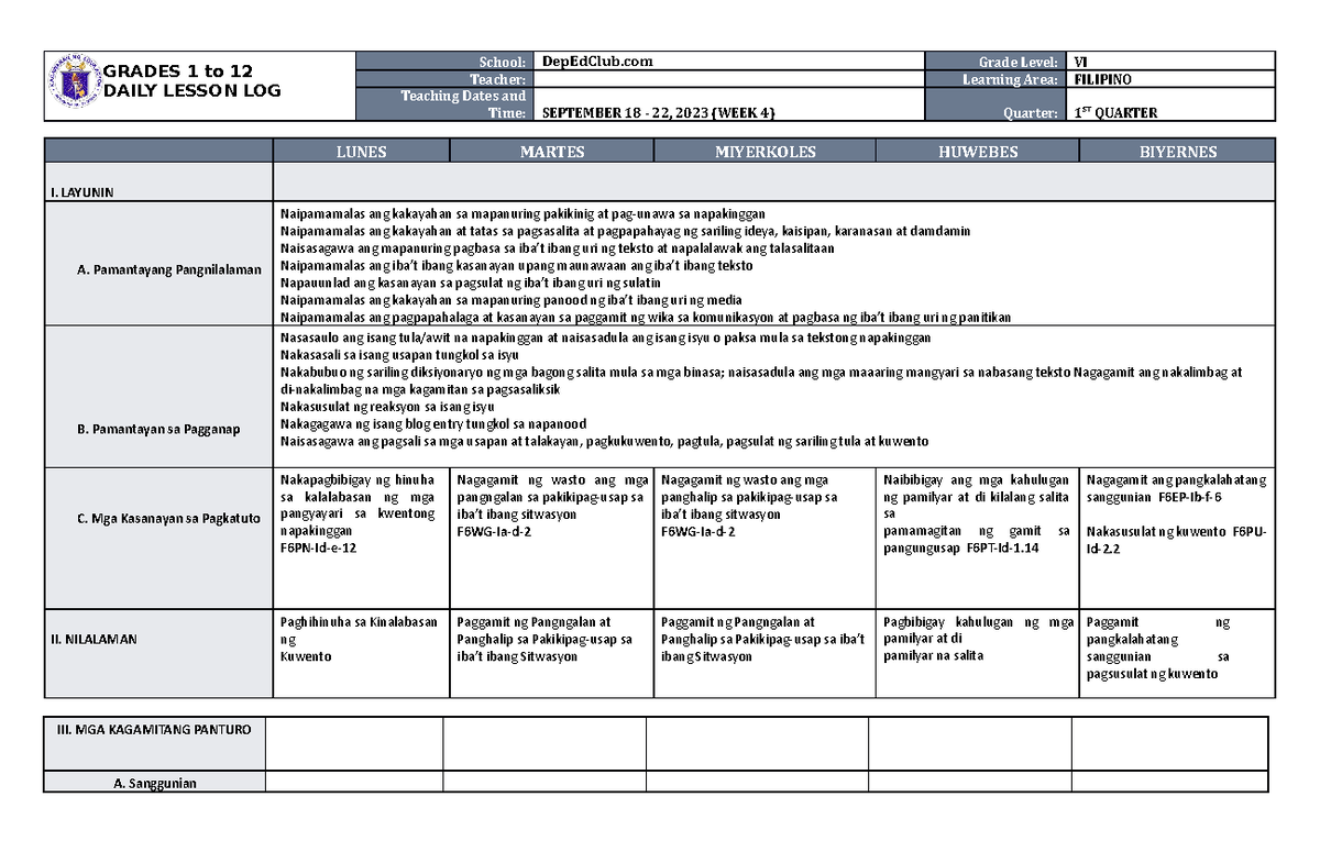 DLL Filipino 6 Q1 W4 - LESSON PLANING - GRADES 1 to 12 DAILY LESSON LOG ...