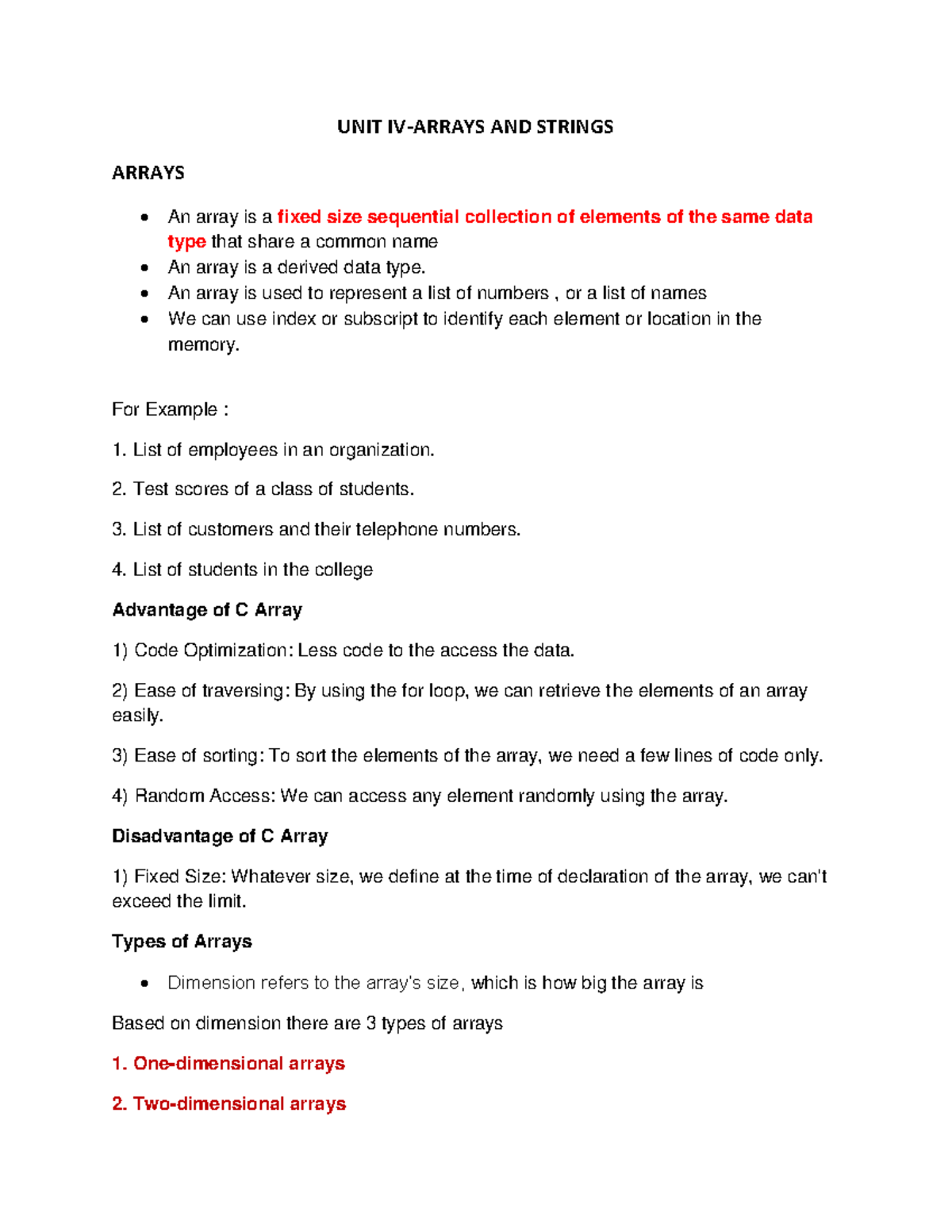 UNIT IV-Arrays & Strings - UNIT IV-ARRAYS AND STRINGS ARRAYS An array ...