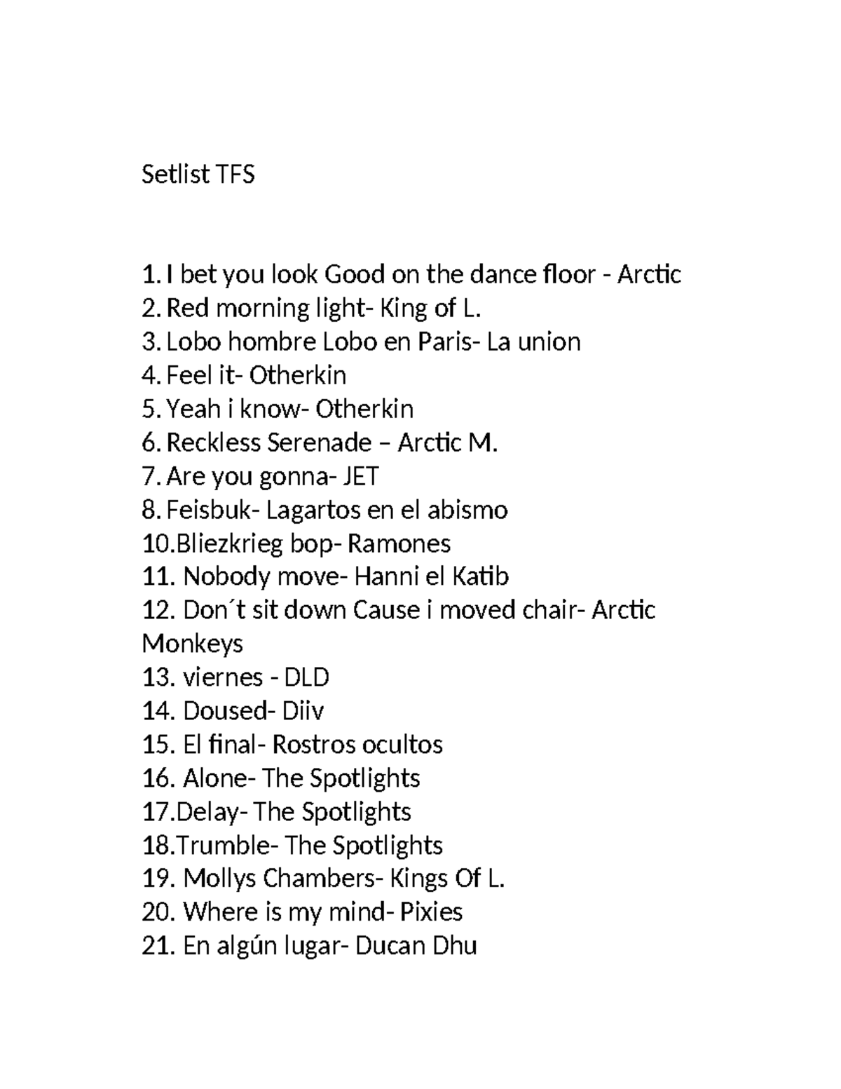 Setlist Cuartel Artistico - Setlist TFS I bet you look Good on the ...