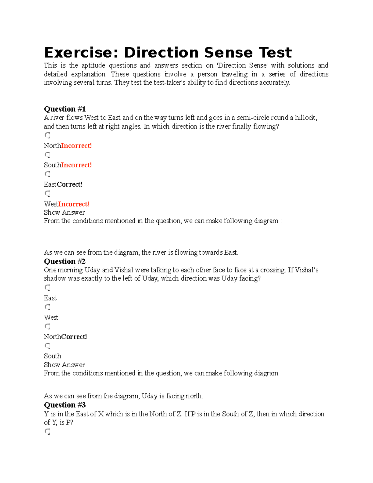 Direction Sense Test mca Exercise Direction Sense Test This is the