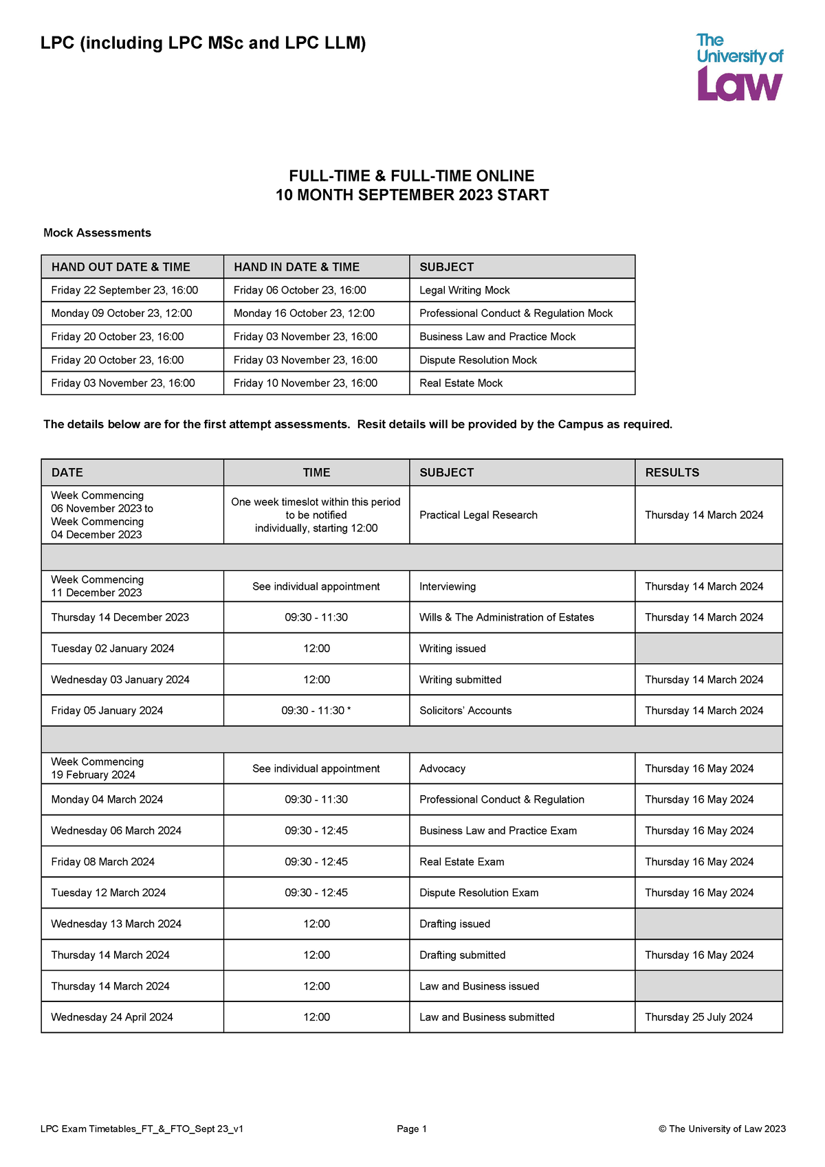 LPC Exam Timetable LPC (including LPC MSc and LPC LLM) Mock