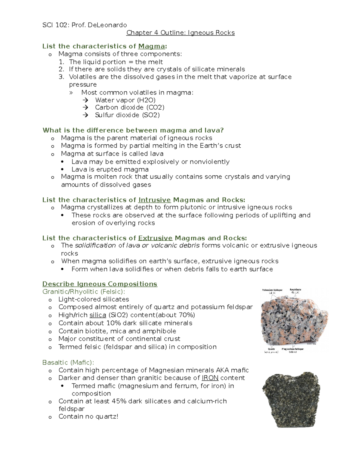 SCI 102 - Chapter Four Outline - Igneous Rocks - SCI 102: Prof. DeLeonardo  Chapter 4 Outline: - StuDocu
