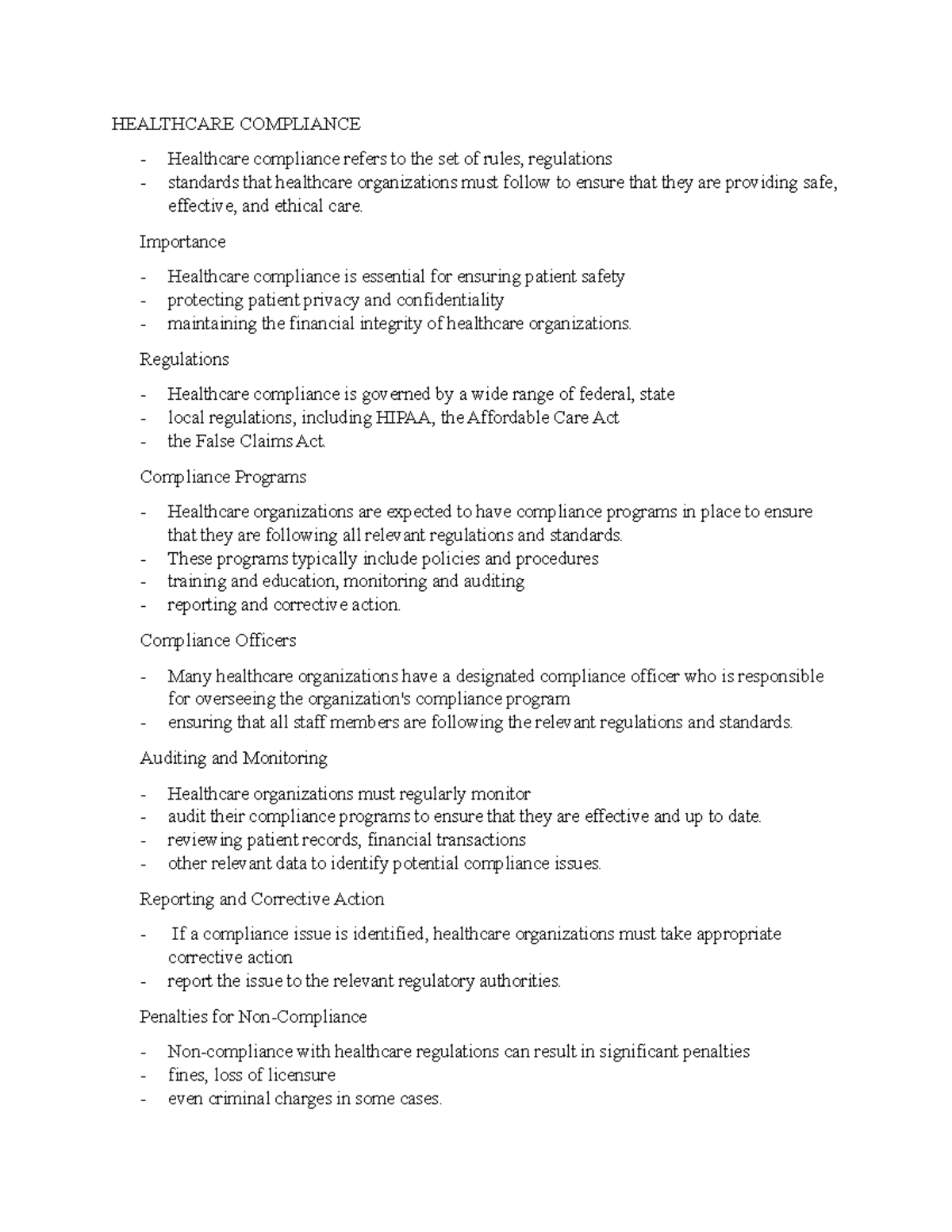 Healthcare Compliance Notes 1 - HEALTHCARE COMPLIANCE Healthcare ...