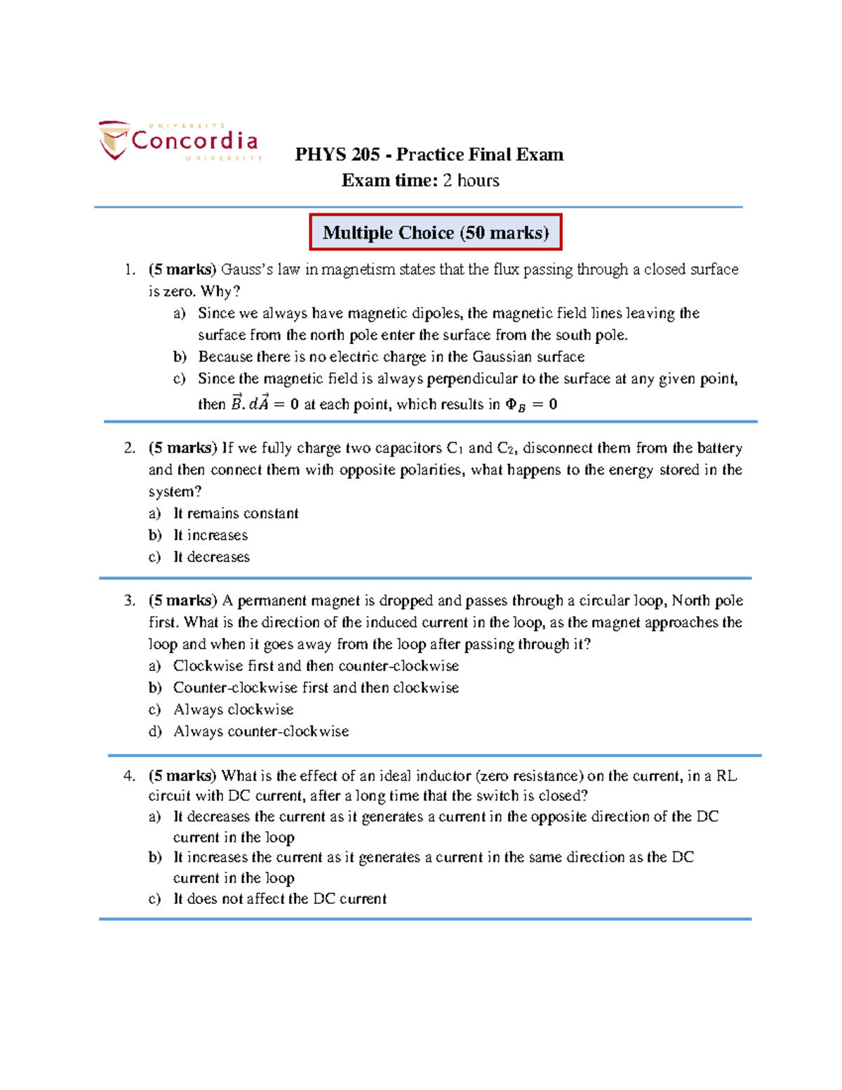 W21-PHYS 205-Practice Final - PHYS 205 - Practice Final Exam Exam Time ...