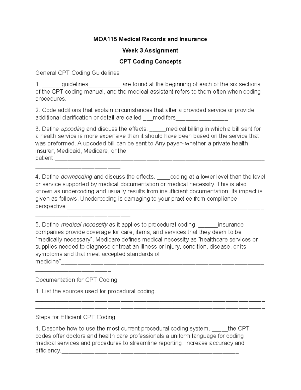 Week 3 Assignment Worksheet WORK - MOA115 Medical Records And Insurance ...