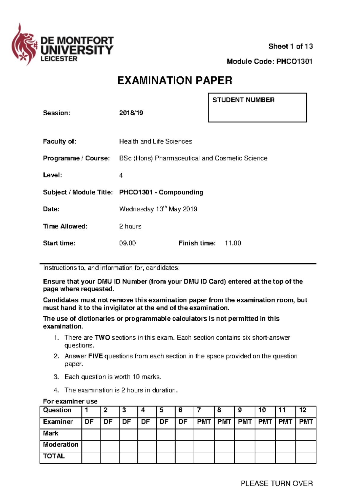 PHCO1301 Final May Exam Paper 2018-2019 - Module Code: PHCO EXAMINATION ...
