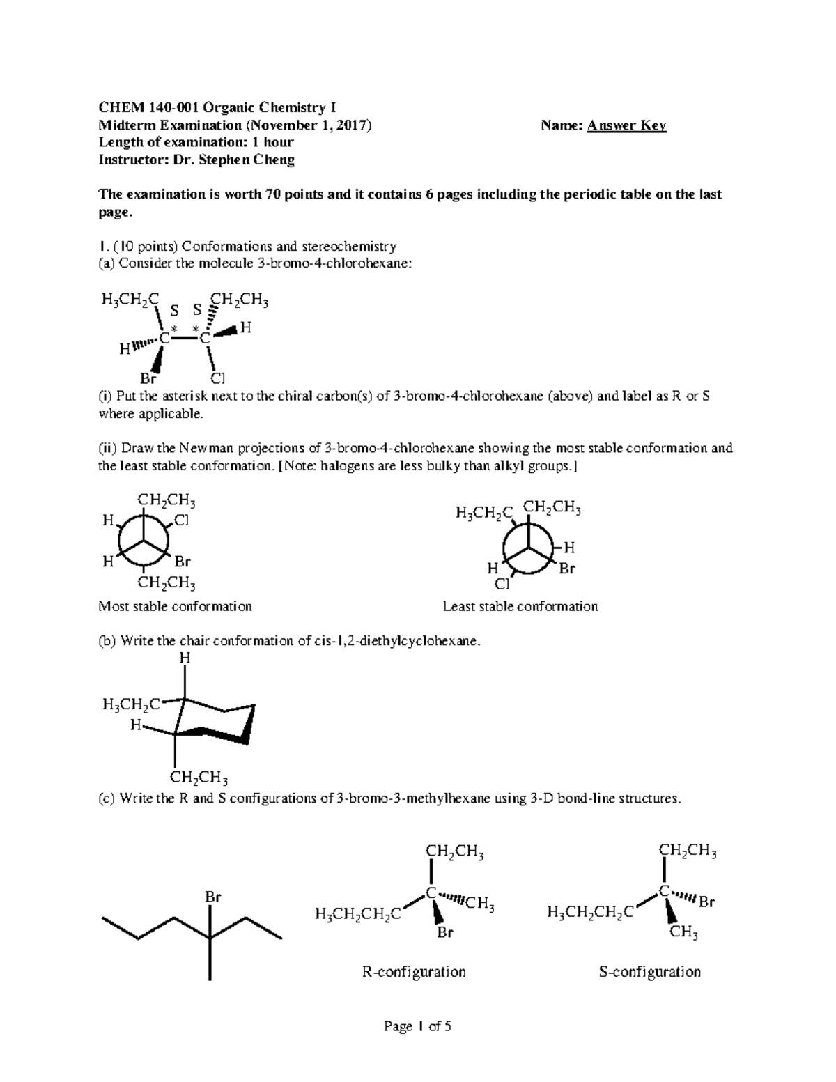 Midterm 10 October Fall 2017, answers - CHEM 140-001 Organic Chemistry ...