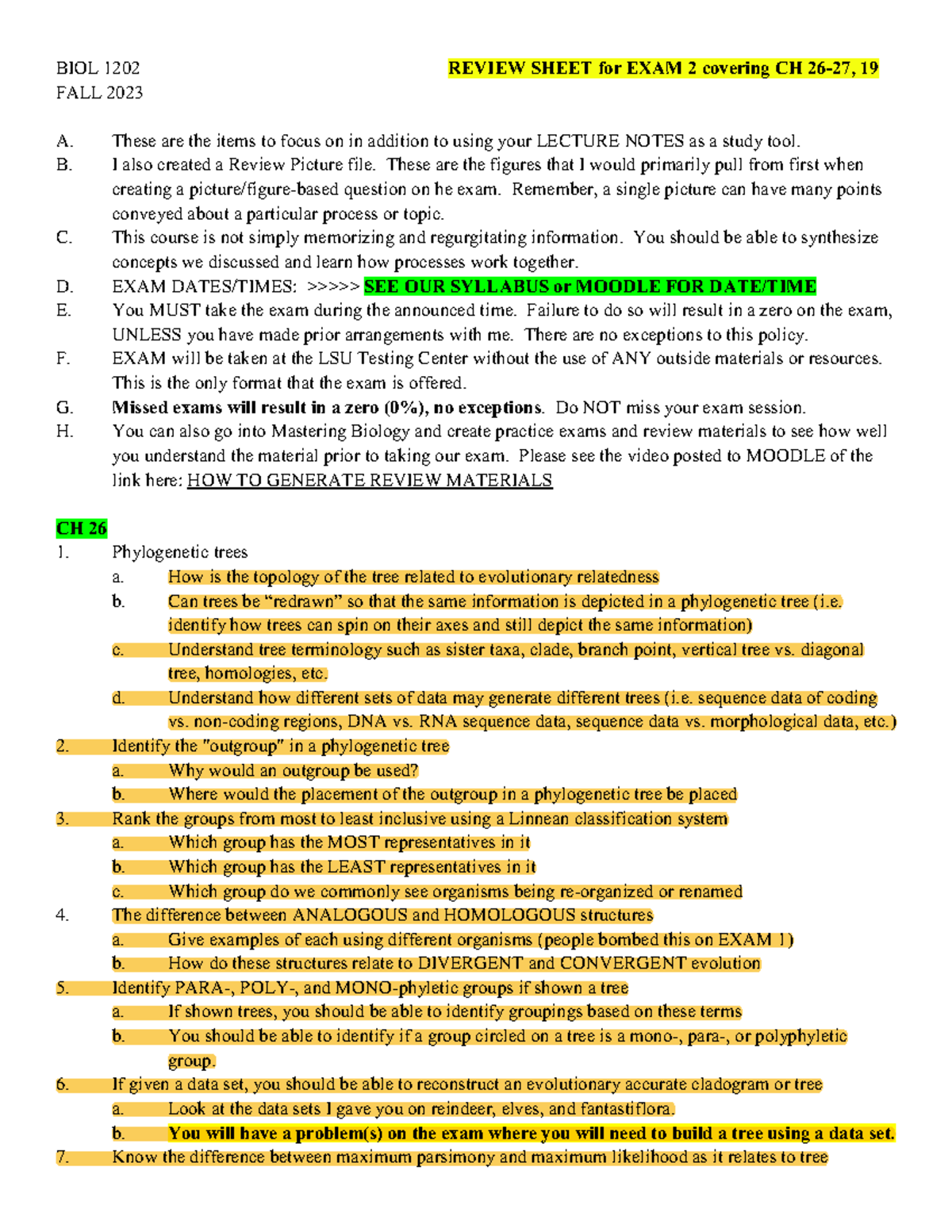 EXAM 2 on CH 26-27 and 19 Review Sheet FALL 2023 - BIOL 1202 REVIEW ...