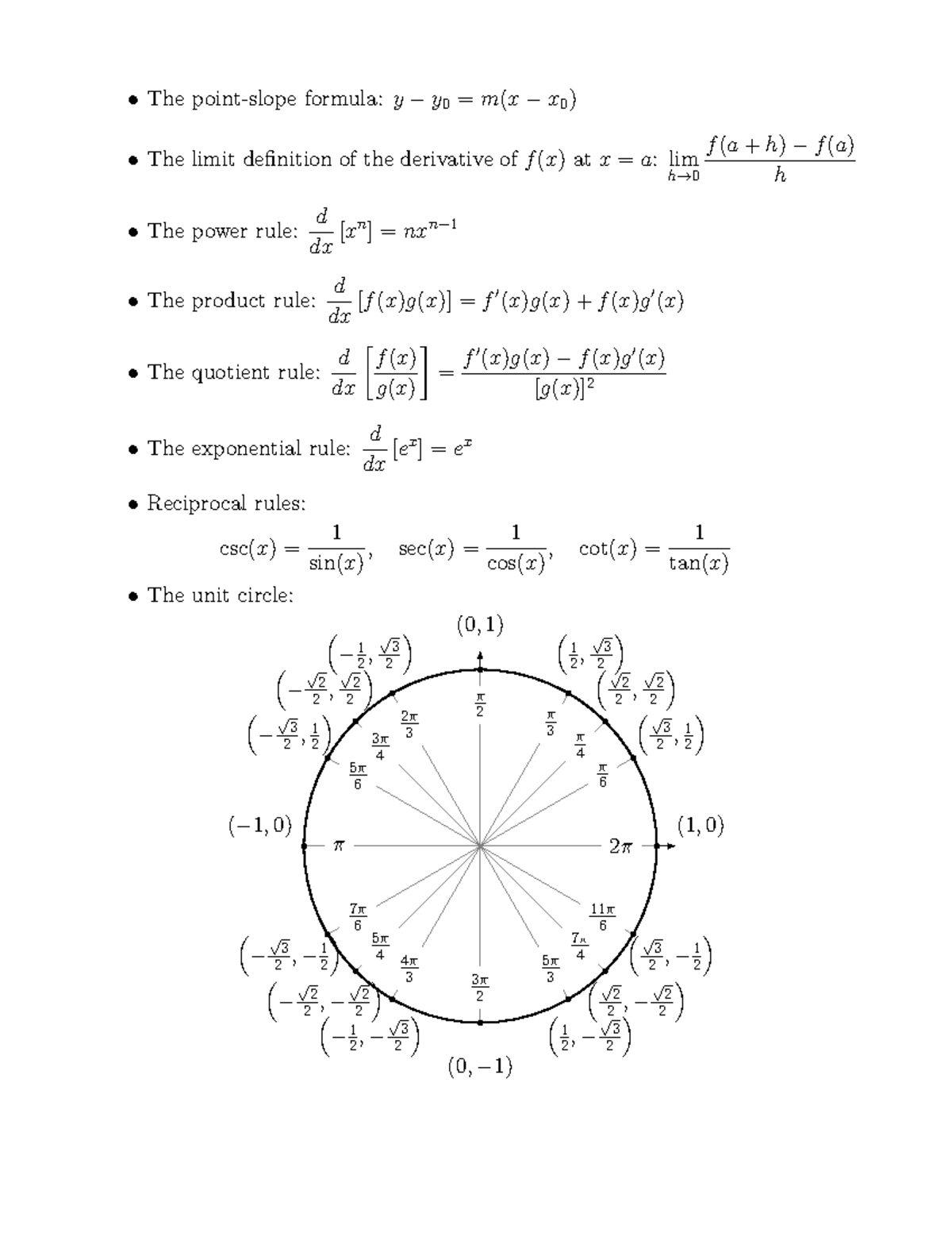 Formula sheet exam1 - The point-slope formula: y y 0 = m(x x 0 ) The ...