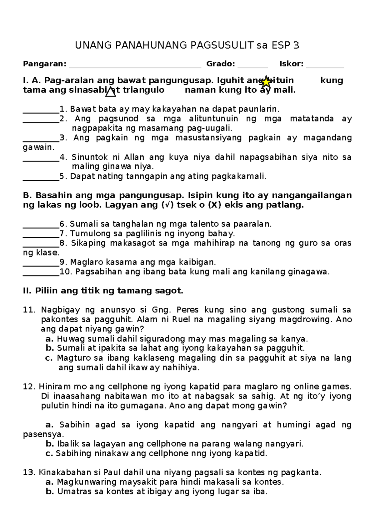 GRADE 3 Periodical Test Q1 - UNANG PANAHUNANG PAGSUSULIT Sa ESP 3 ...