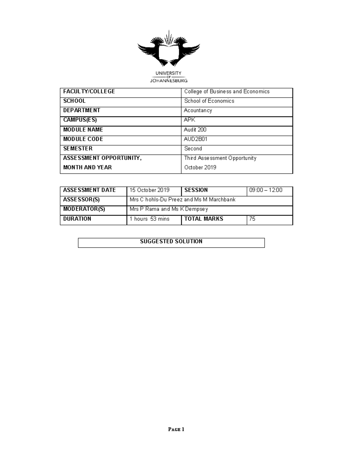 Sick Test 1 - August 2019 Solutions - FACULTY/COLLEGE College of ...