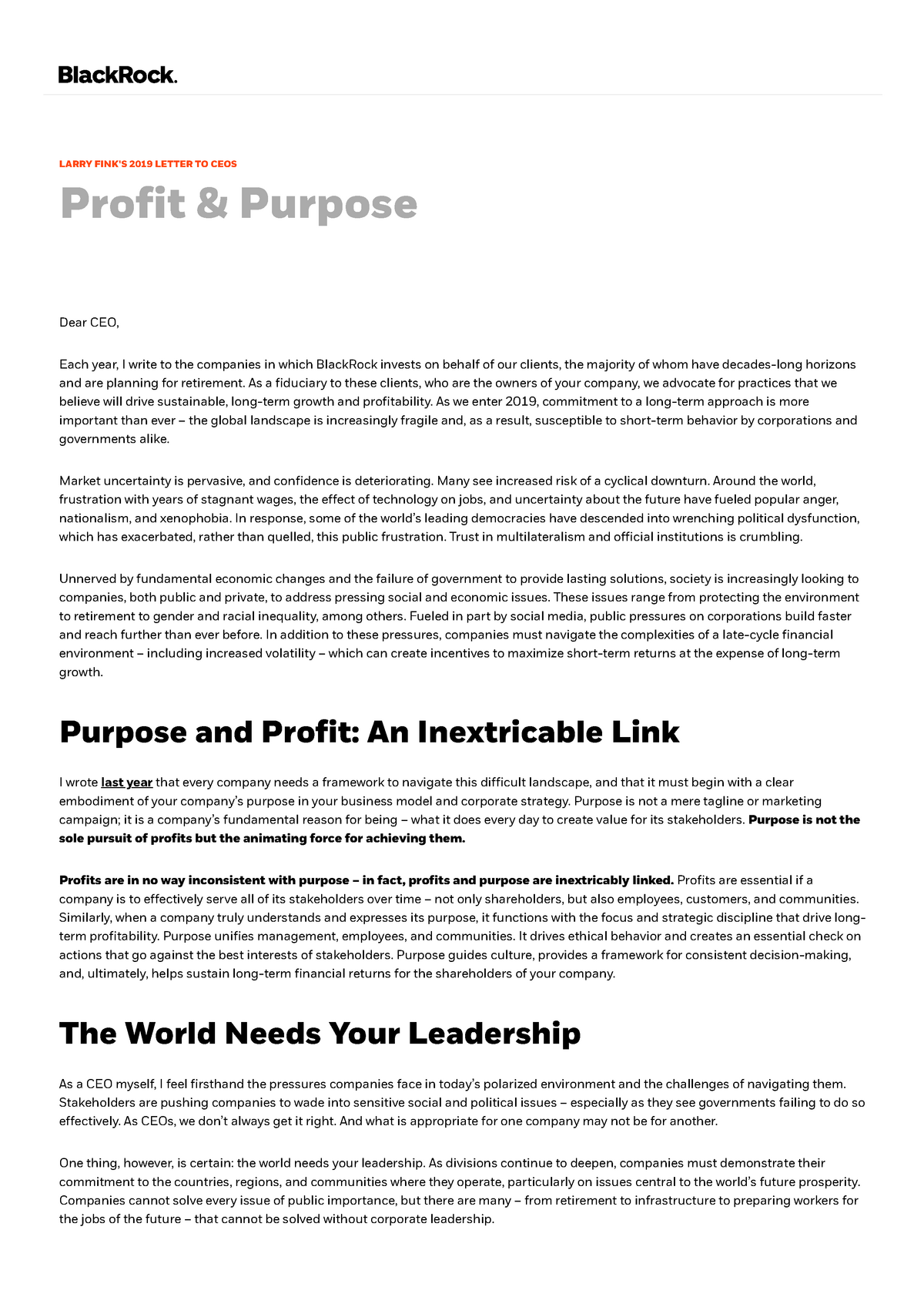Larry Fink's Letter LARRY FINK'S 2019 LETTER TO CEOS Pro t & Purpose