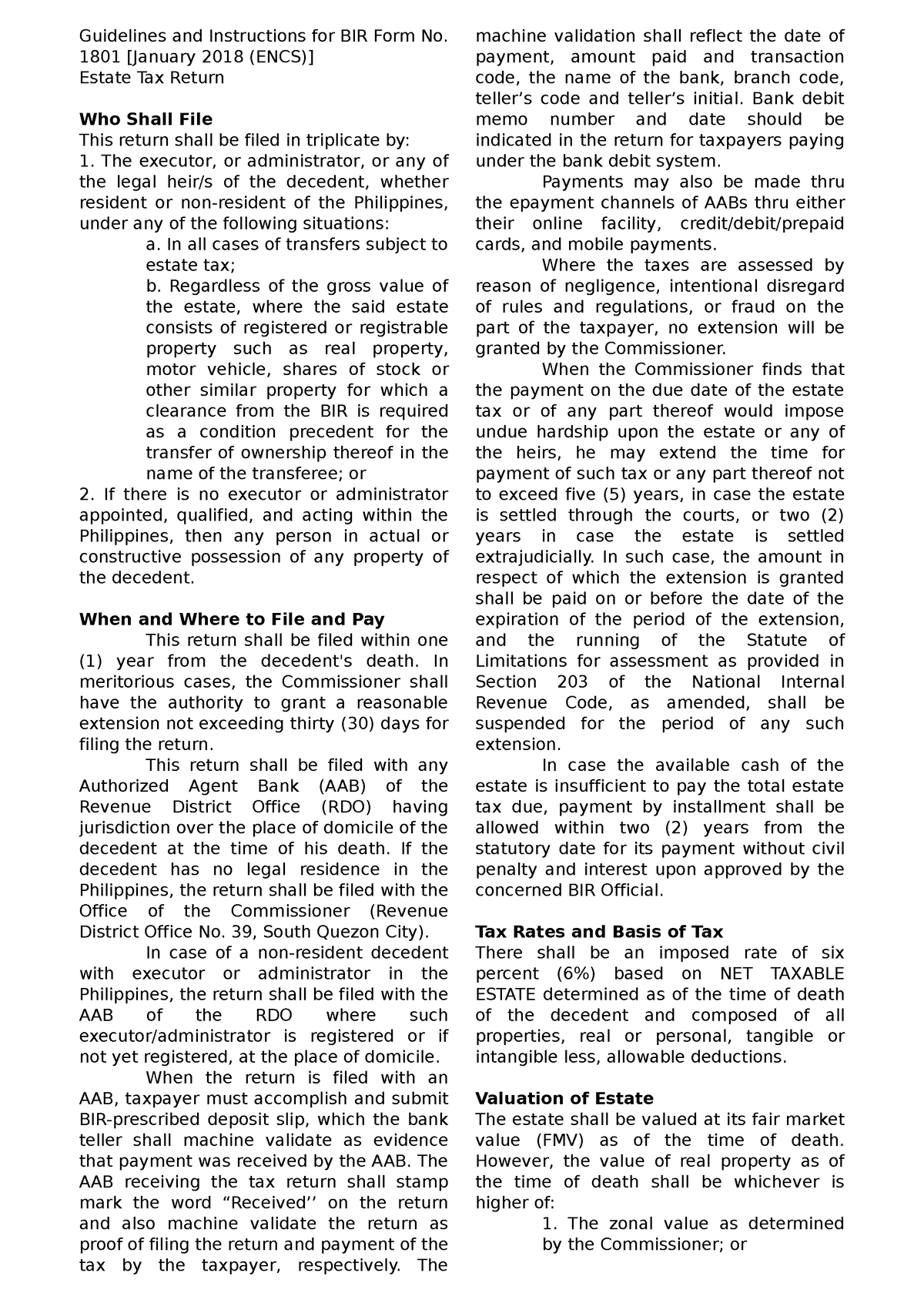 Bir Form No 1801 Estate Tax Return