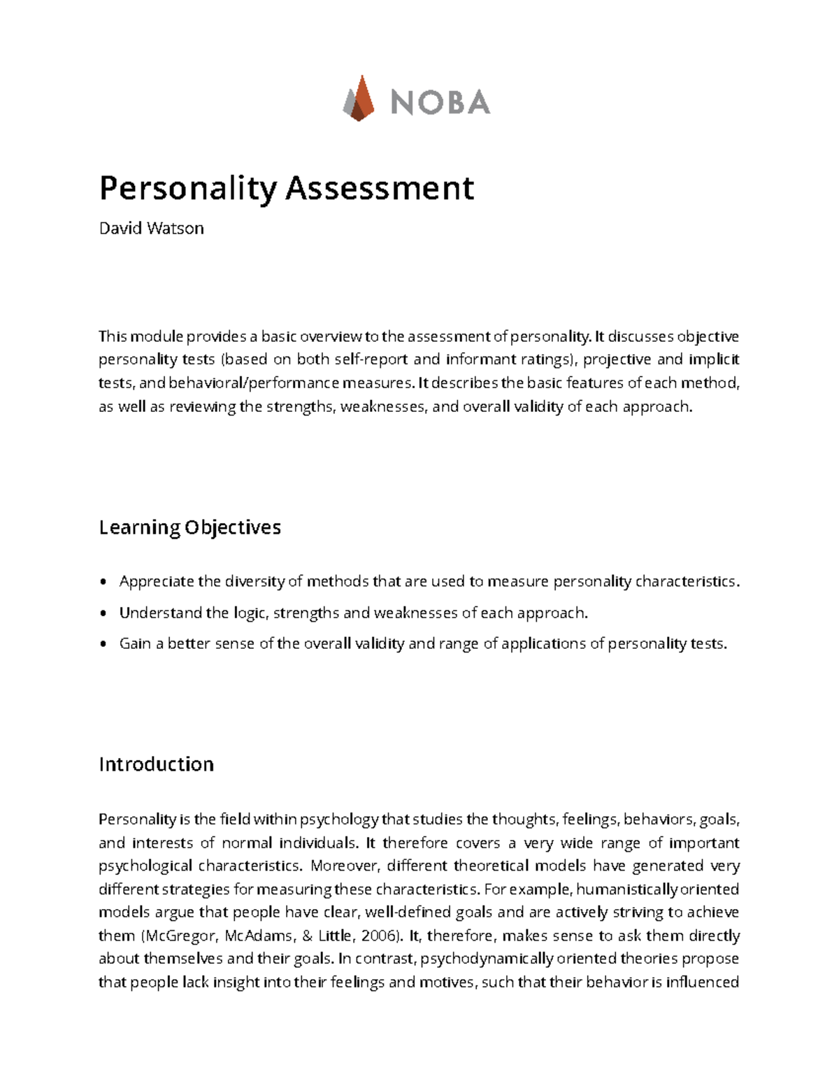 Personality+Assessment - N O B A Personality Assessment David Watson ...