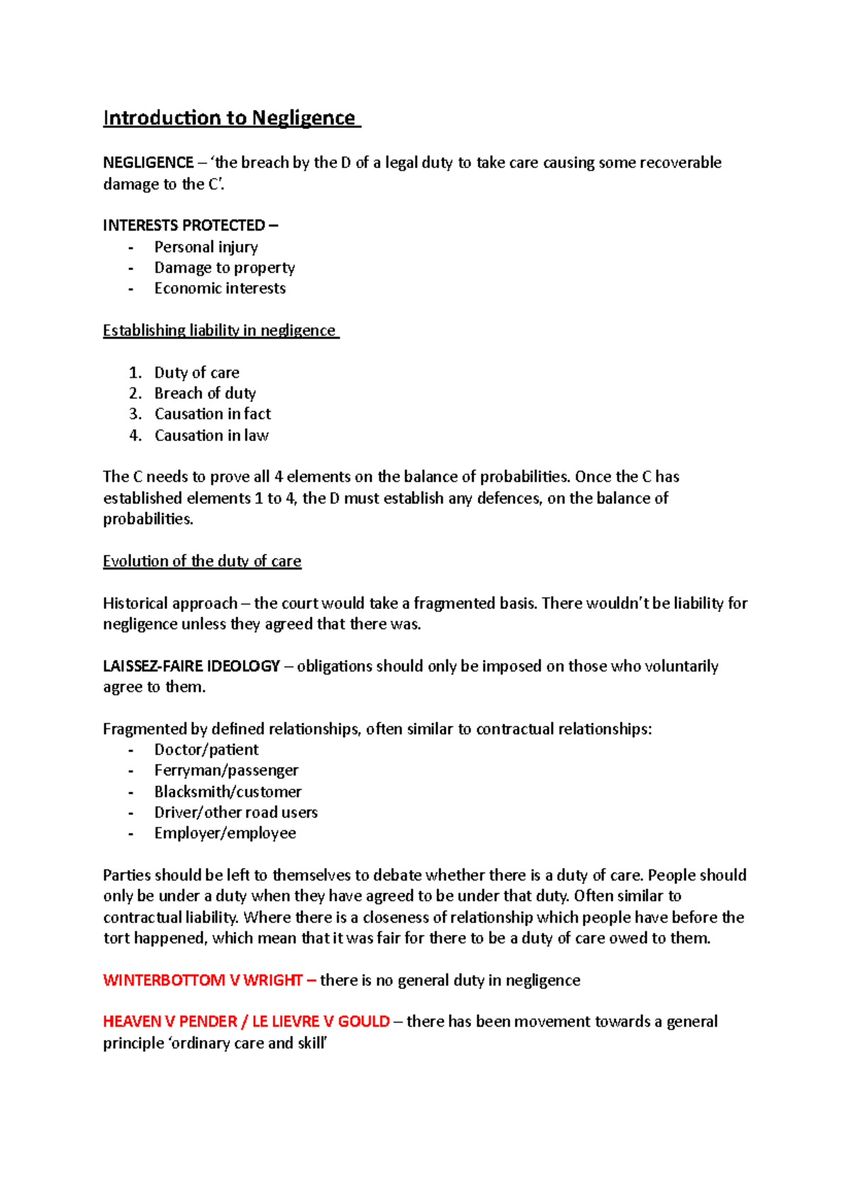 Duty of care notes - Introducion to Negligence NEGLIGENCE – ‘the breach ...