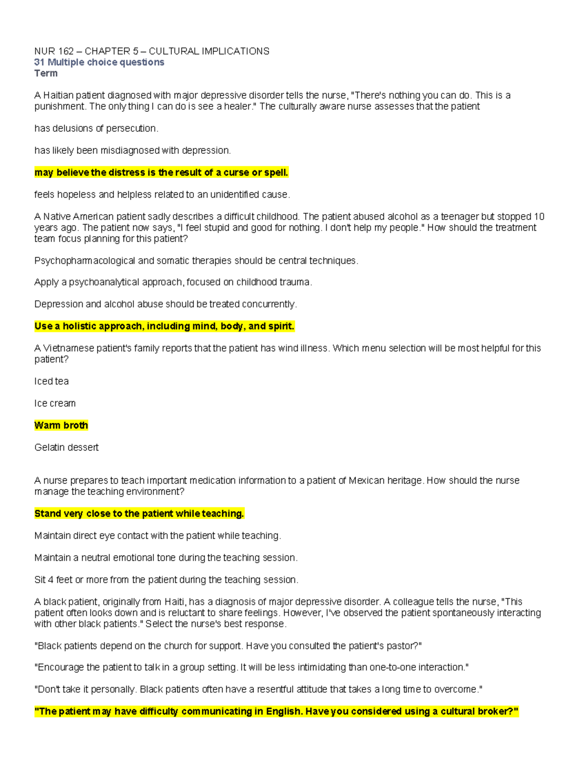 NUR 162 - Ch 5 Cultural Implications QZ - NUR 162 – CHAPTER 5 ...
