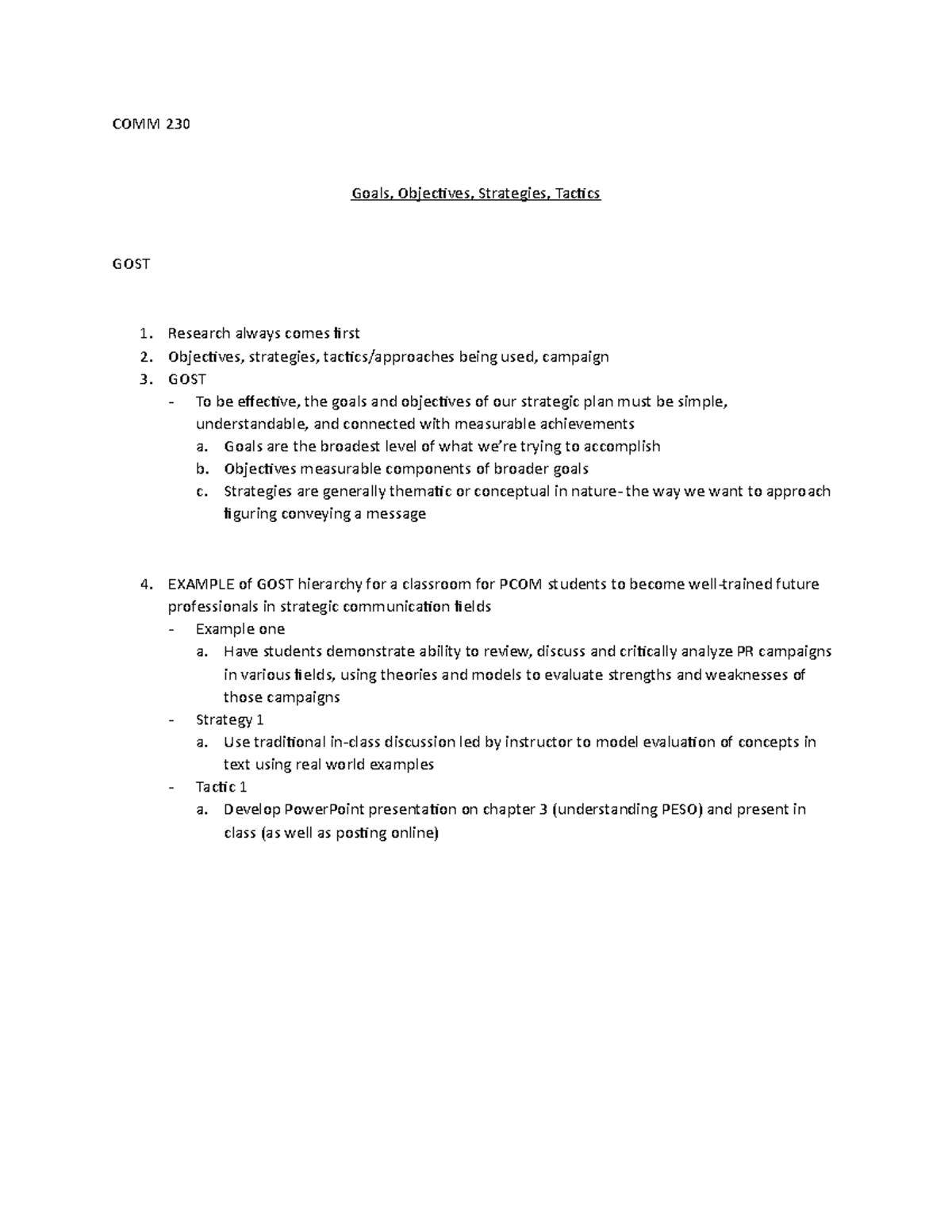 COMM 230- Goals, Objectives, Strategies, Tactics - COMM 230 Goals ...