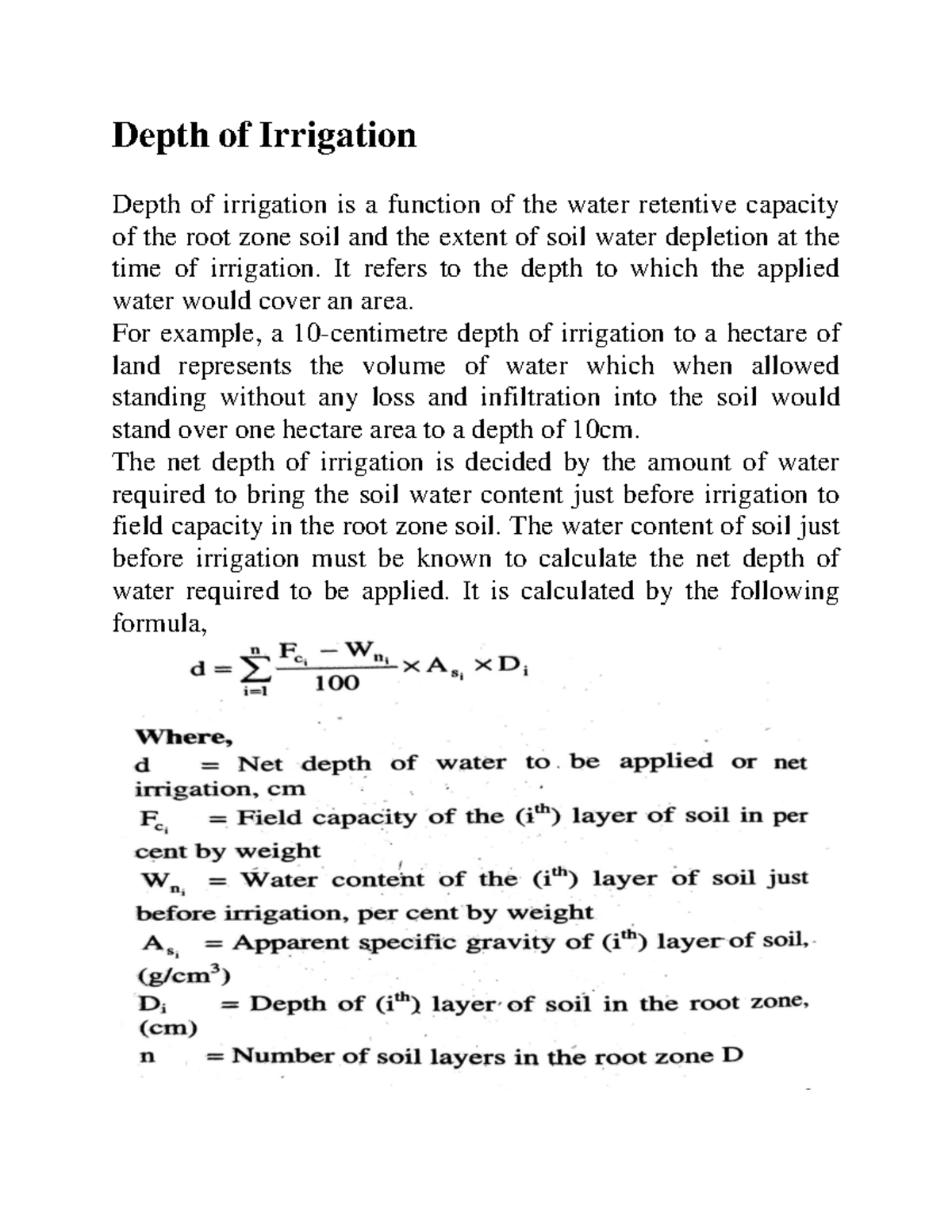 Depth of Irrigation Depth of Irrigation Depth of irrigation is a