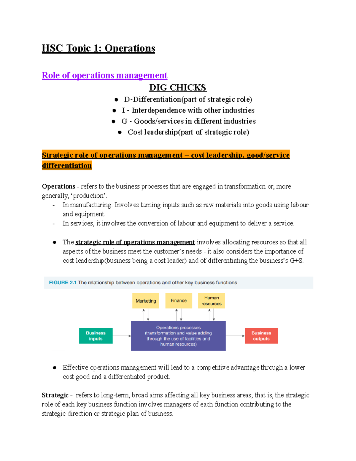 HSC Business Studies Notes - HSC Topic 1: Operations Role of operations ...