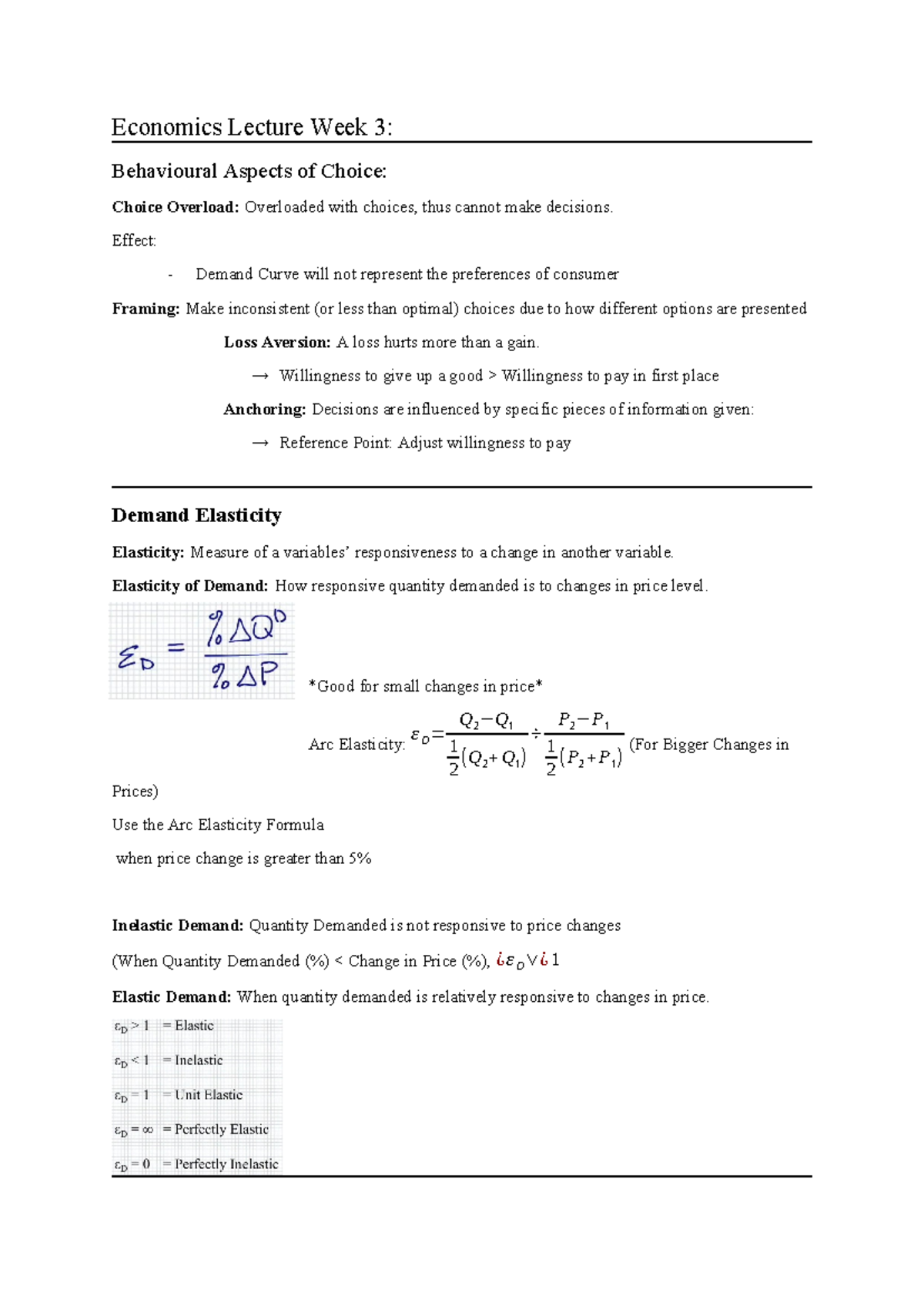 Econ. Class Notes (Week 3) - Economics Lecture Week 3: Behavioural ...