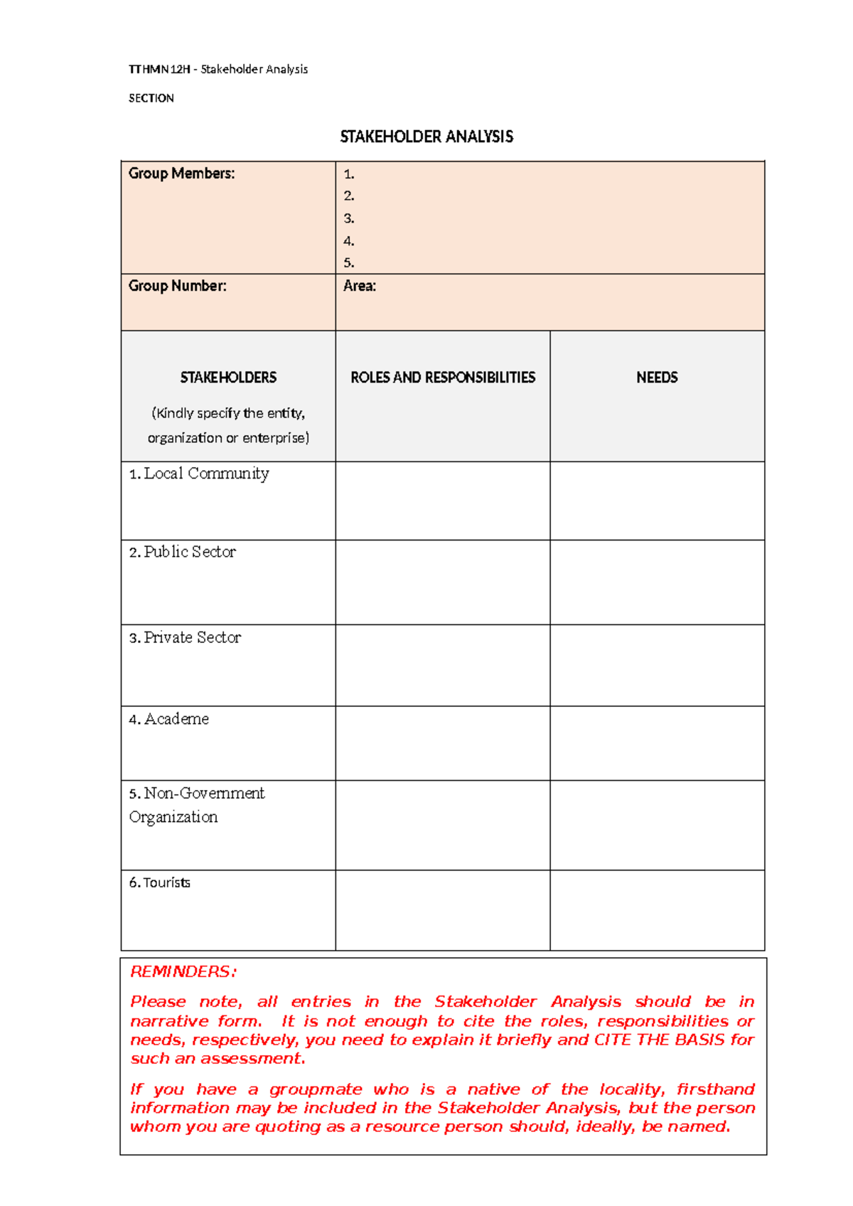 Stakeholder Analysis - 1 TTHMN12H - Stakeholder Analysis SECTION ...