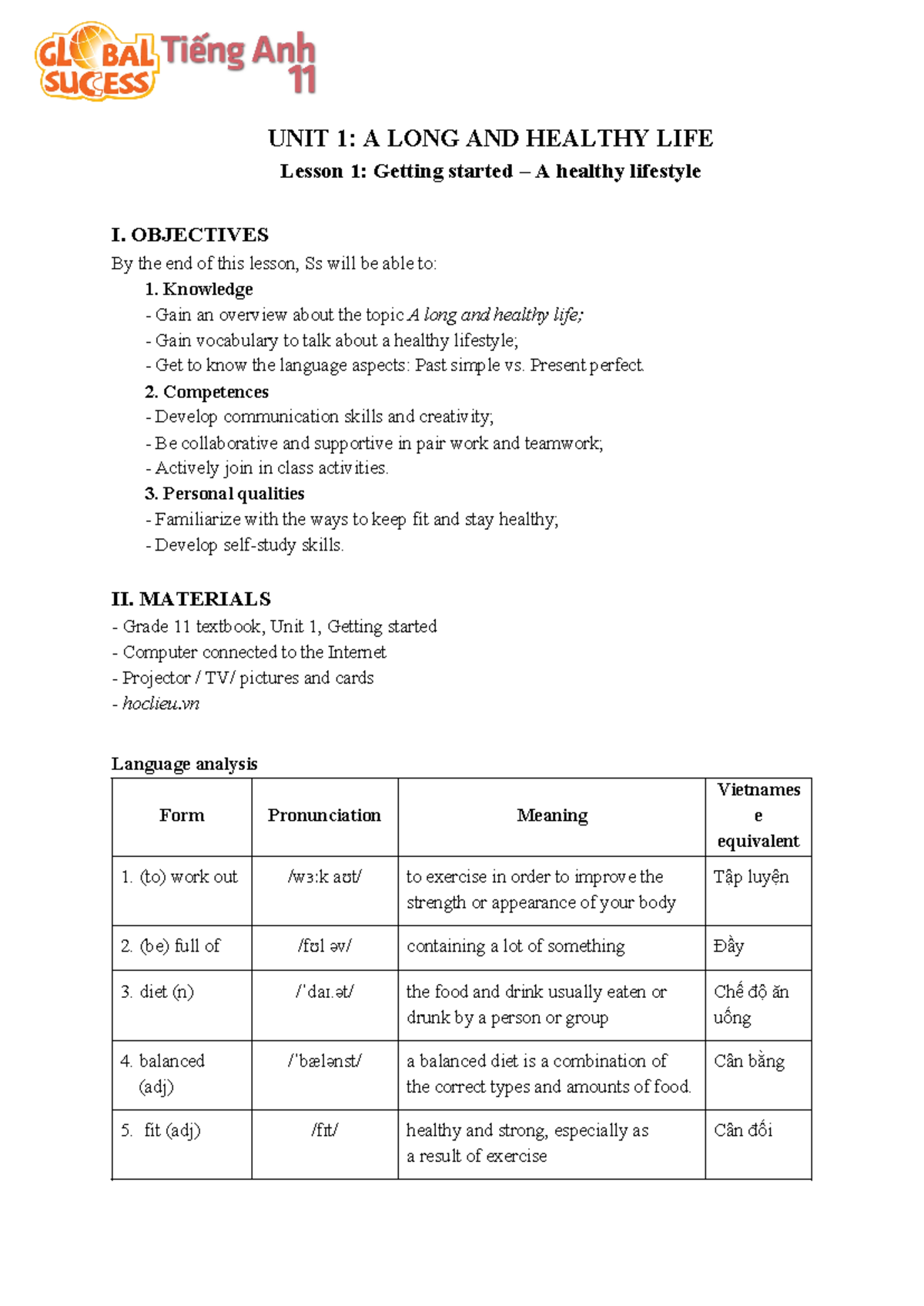 Unit 1 - wdq - UNIT 1: A LONG AND HEALTHY LIFE Lesson 1: Getting ...