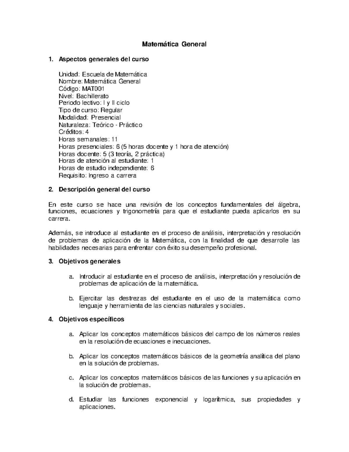 Mat001 Matematica General Prg Matemática General 1 Aspectos