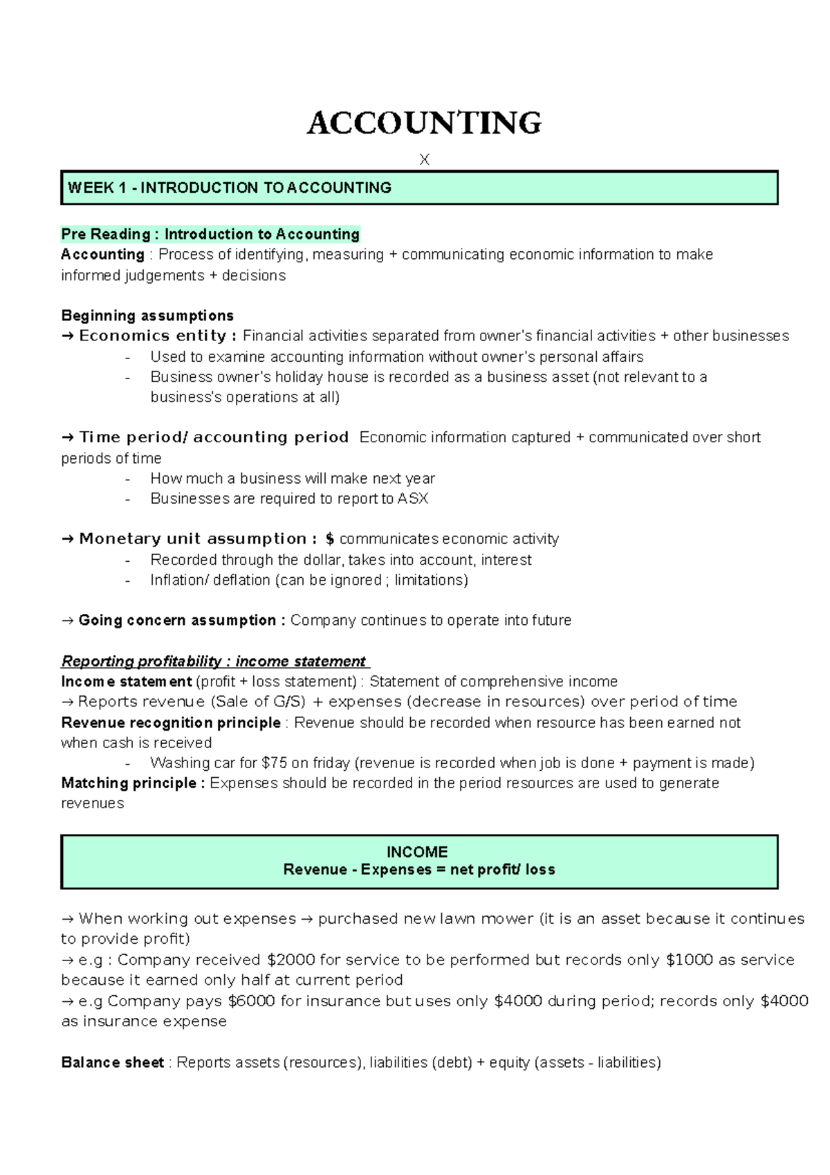 Accounting - ACCOUNTING X WEEK 1 - INTRODUCTION TO ACCOUNTING Pre ...