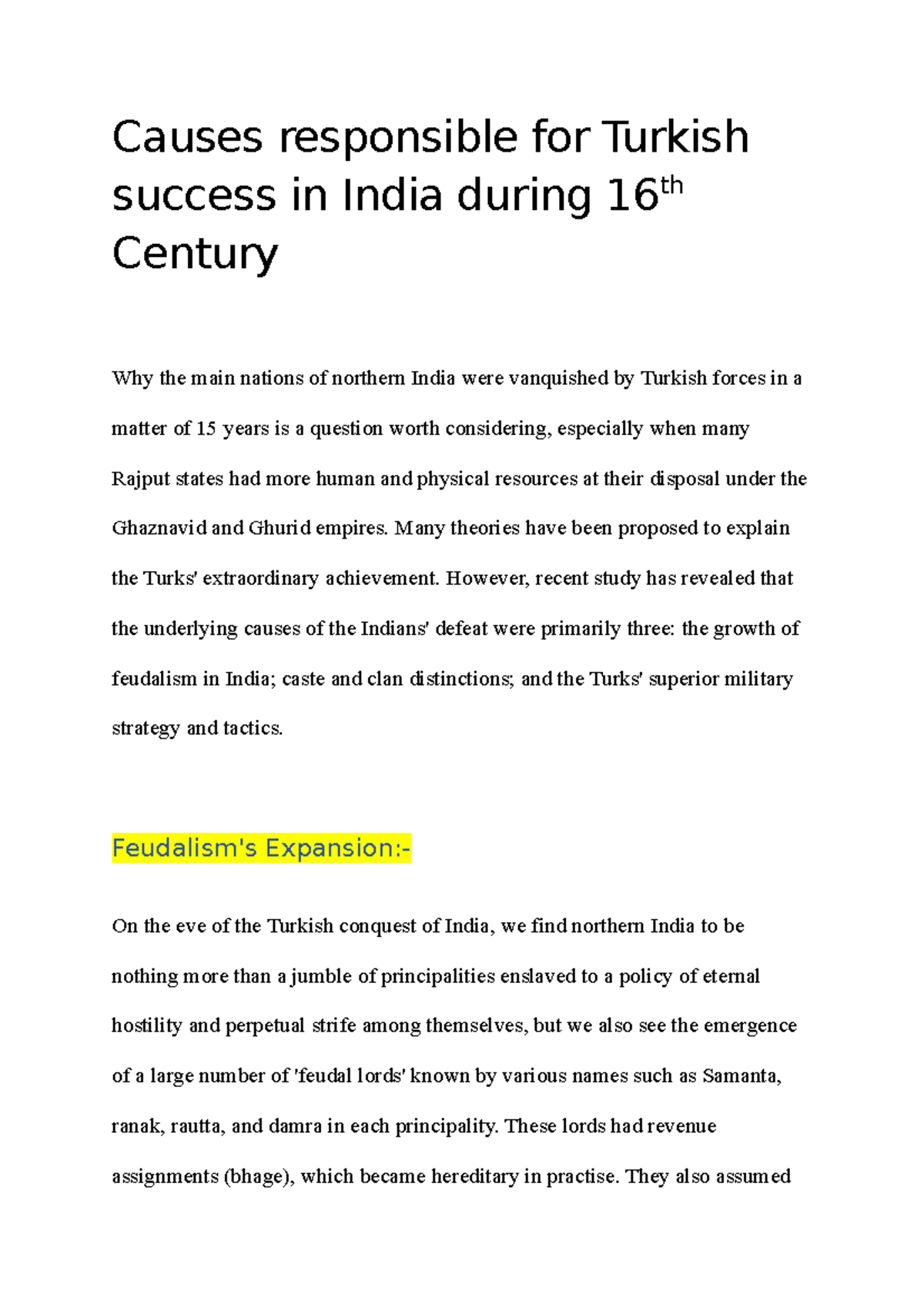 Causes responsible for Turkish success in India during 16th Century ...