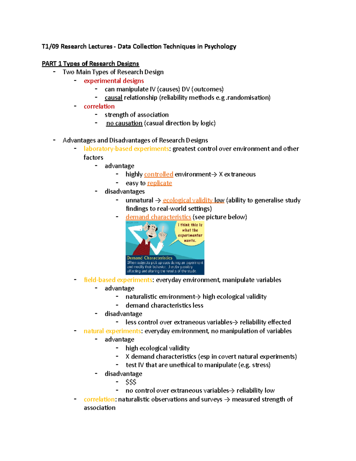 Week 9 Lecture Notes Data Collection Techniques in Psychology T1/09