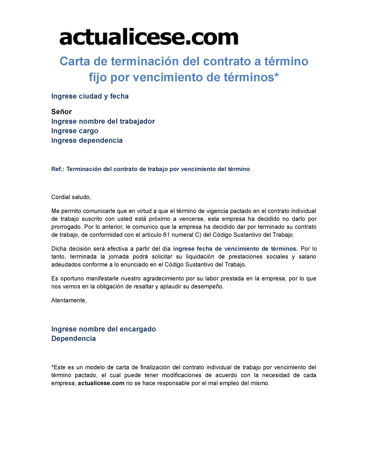 Carta Terminacion Del Contrato Termino Fijo Vencimiento De Terminos Carta De Terminación Del 6722