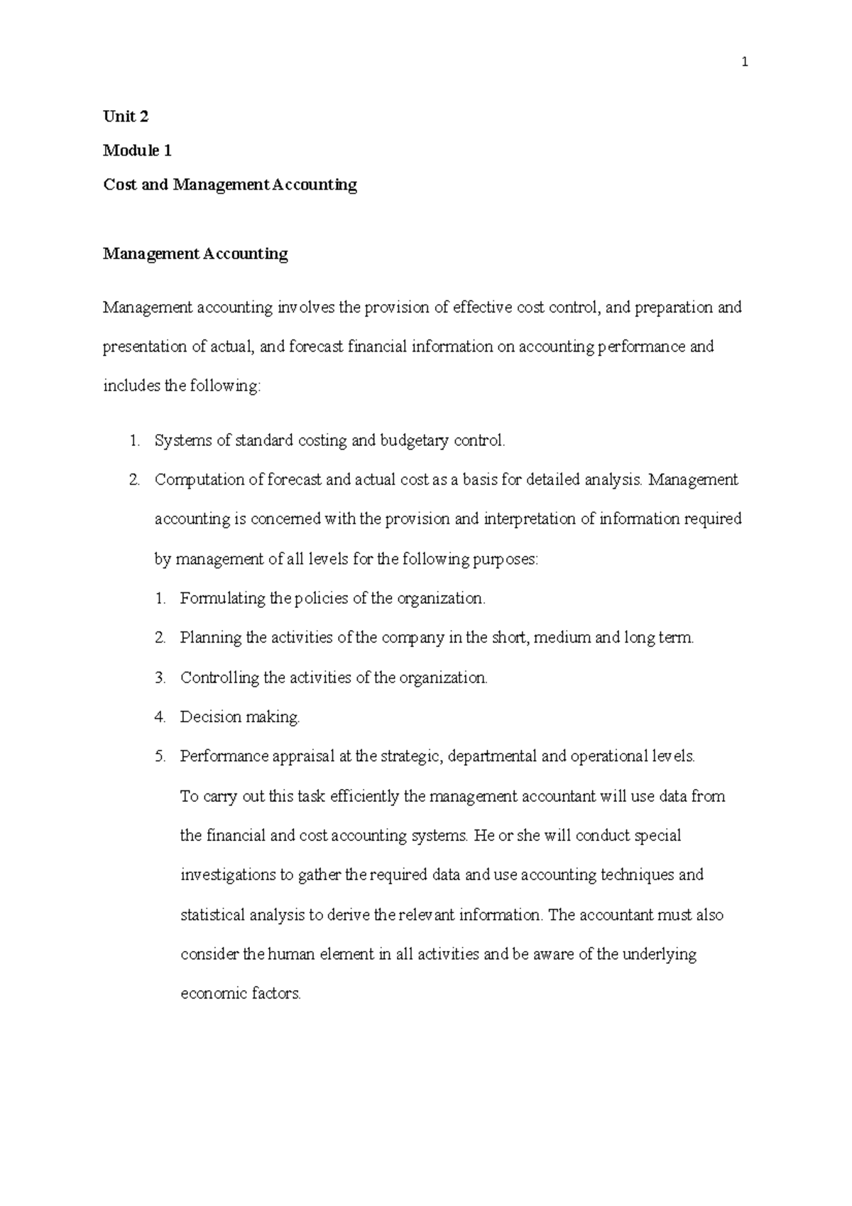 Cost and Management Accounting - Unit 2 Module 1 Cost and Management ...