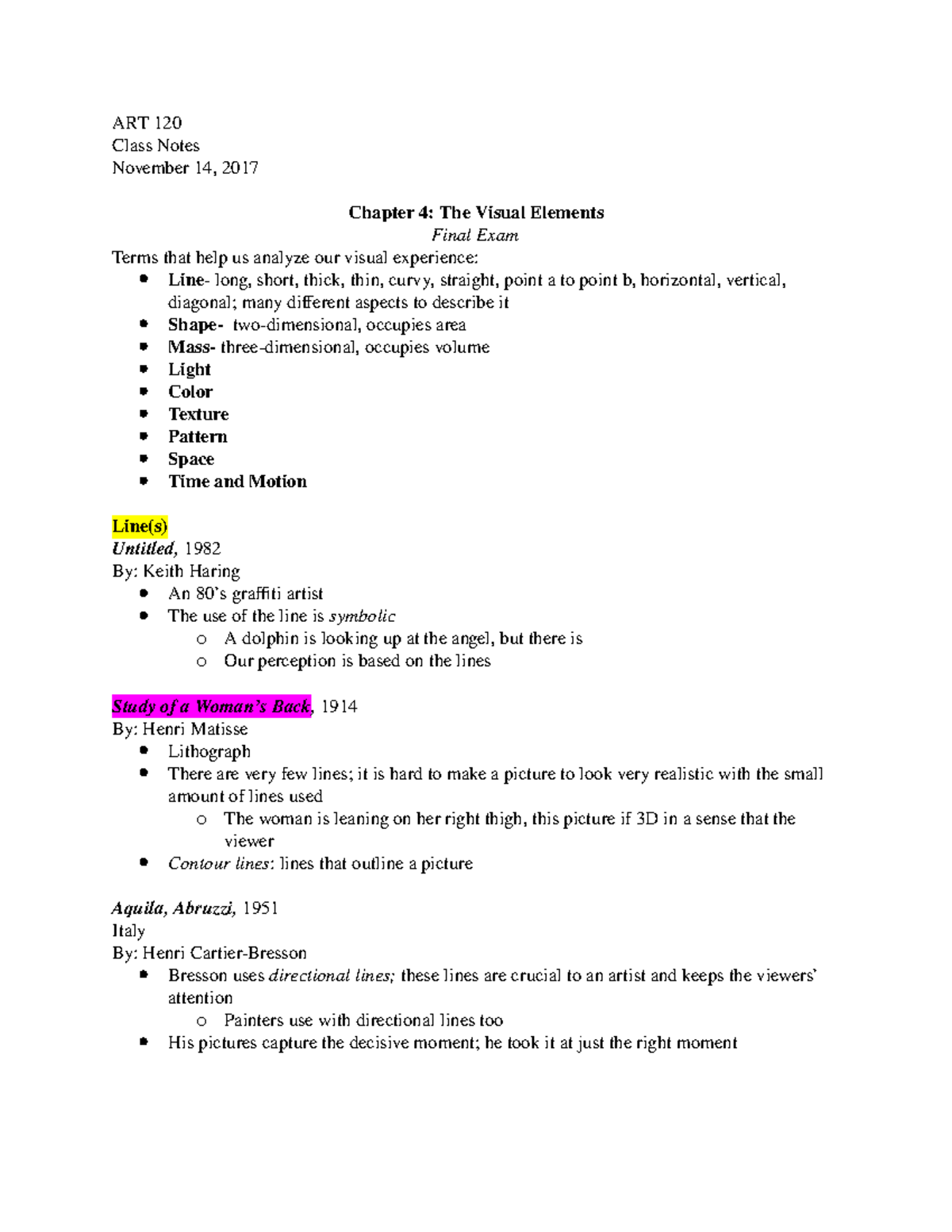 ART120 0001 November 14 - ART 120 Class Notes November 14, 2017 Chapter ...