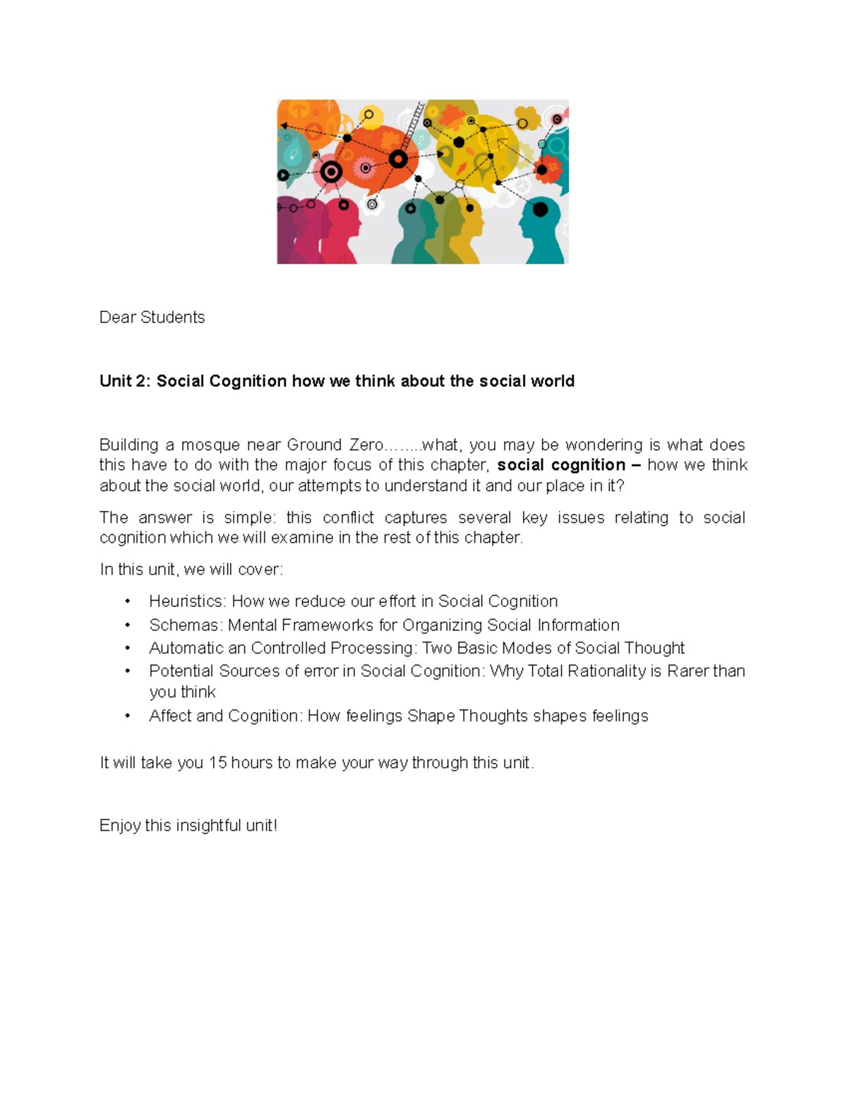 Unit 2: Social Cognition how we think about the social world - Dear ...