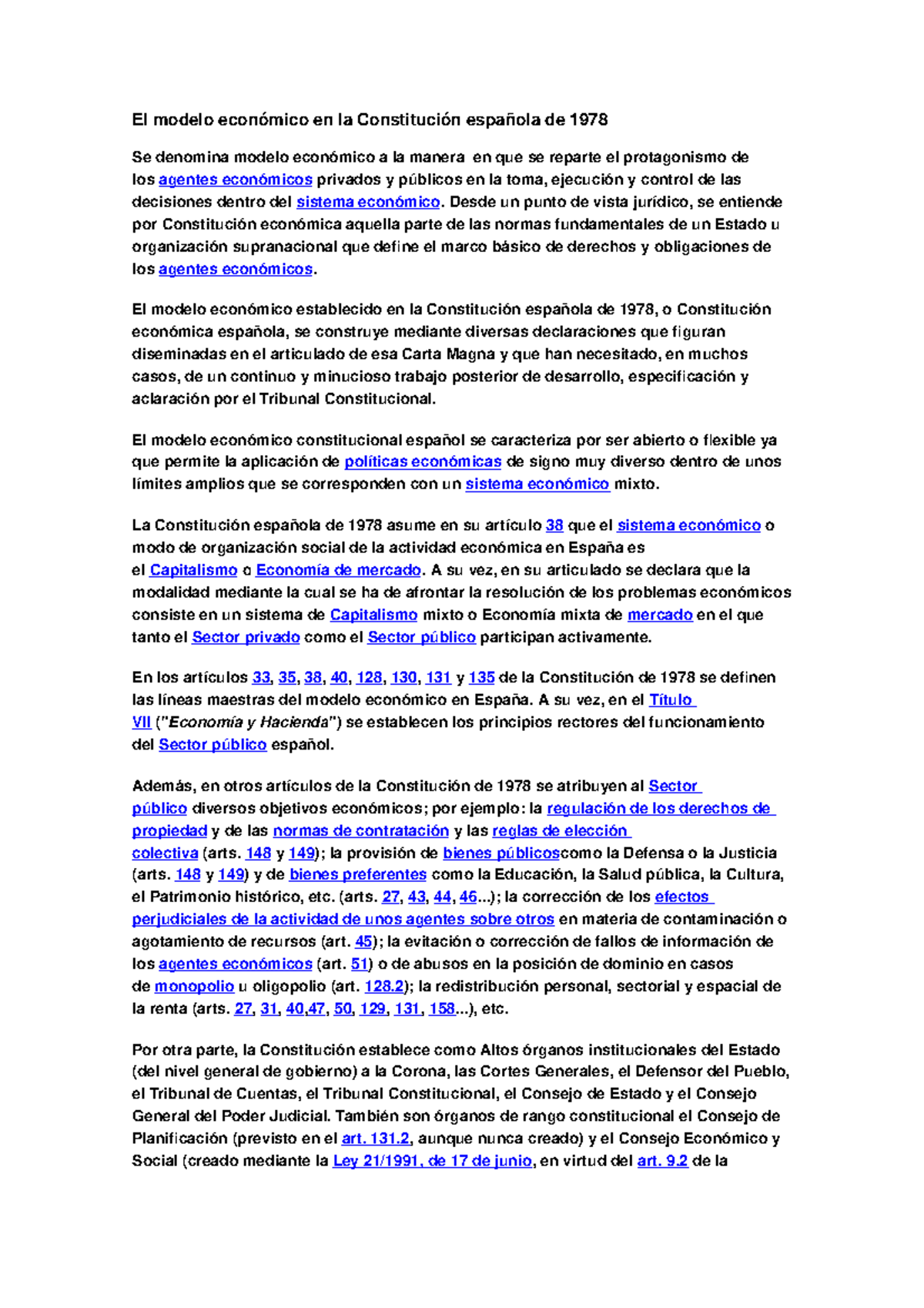 Términos 1 - El modelo económico en la Constitución española de 1978 Se  denomina modelo económico a - Studocu