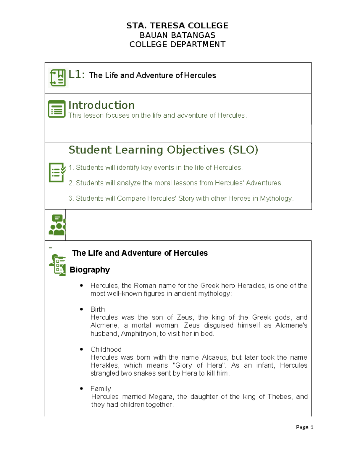 Hercules - Student Learning Objectives (SLO) 1. Students will identify ...